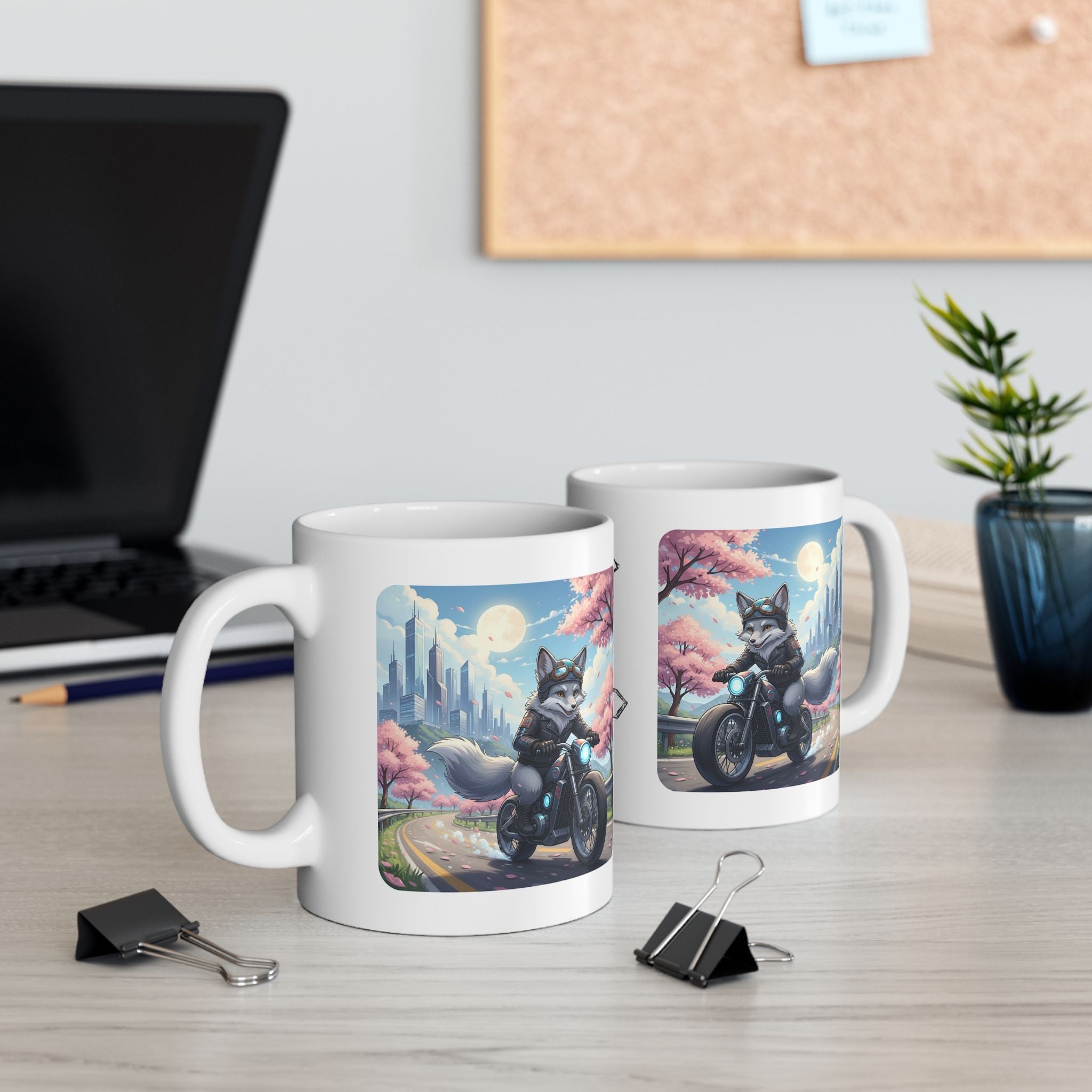 Kawaii Gray Fox Biker Wild & Free White Ceramic Mug — Sip & Ride Fox Moto Joy Cup, 11oz & 15oz