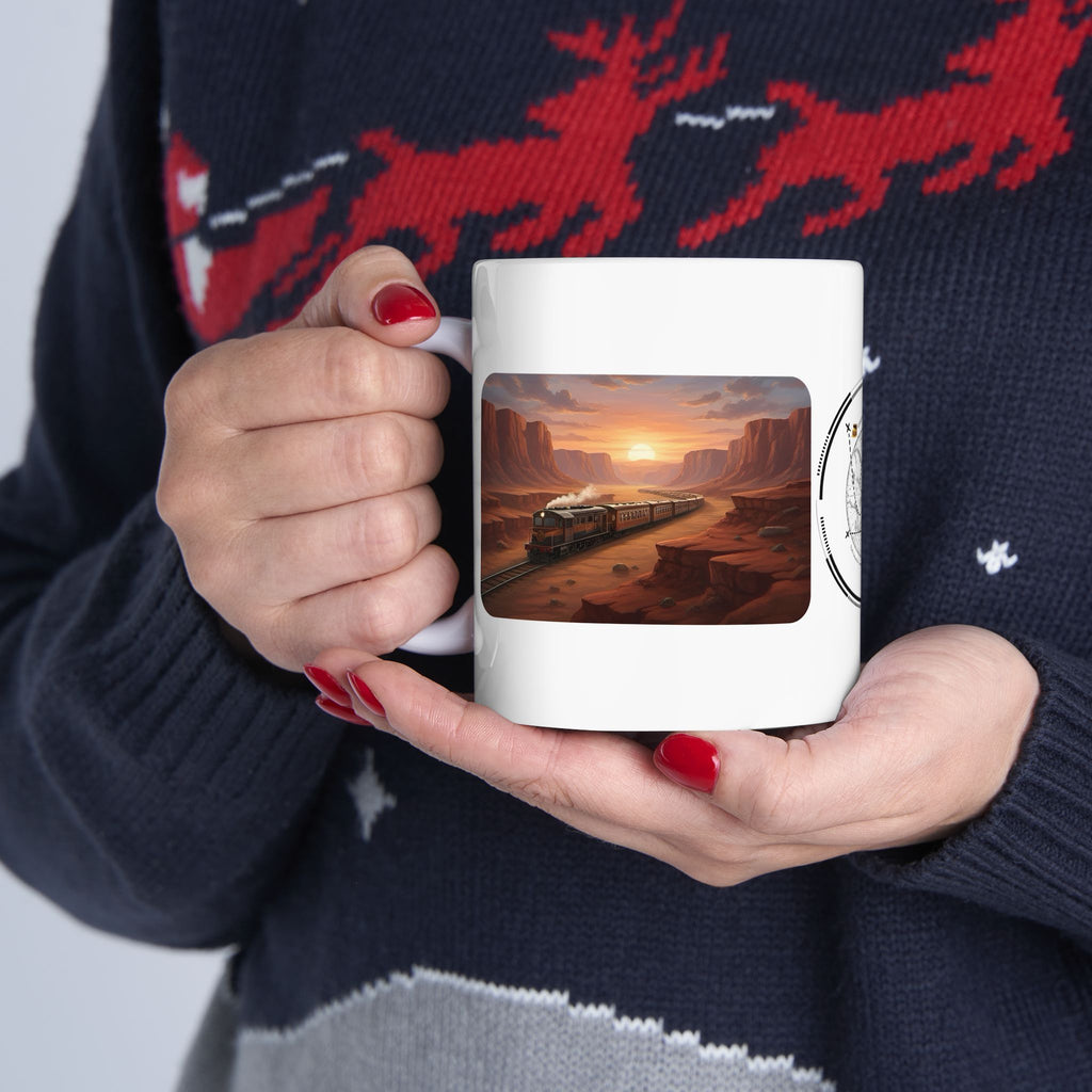 Desert Canyon Sunset Railway White Ceramic Mug — Vintage Steam Train Forest Viaduct Cup (11oz/15oz)