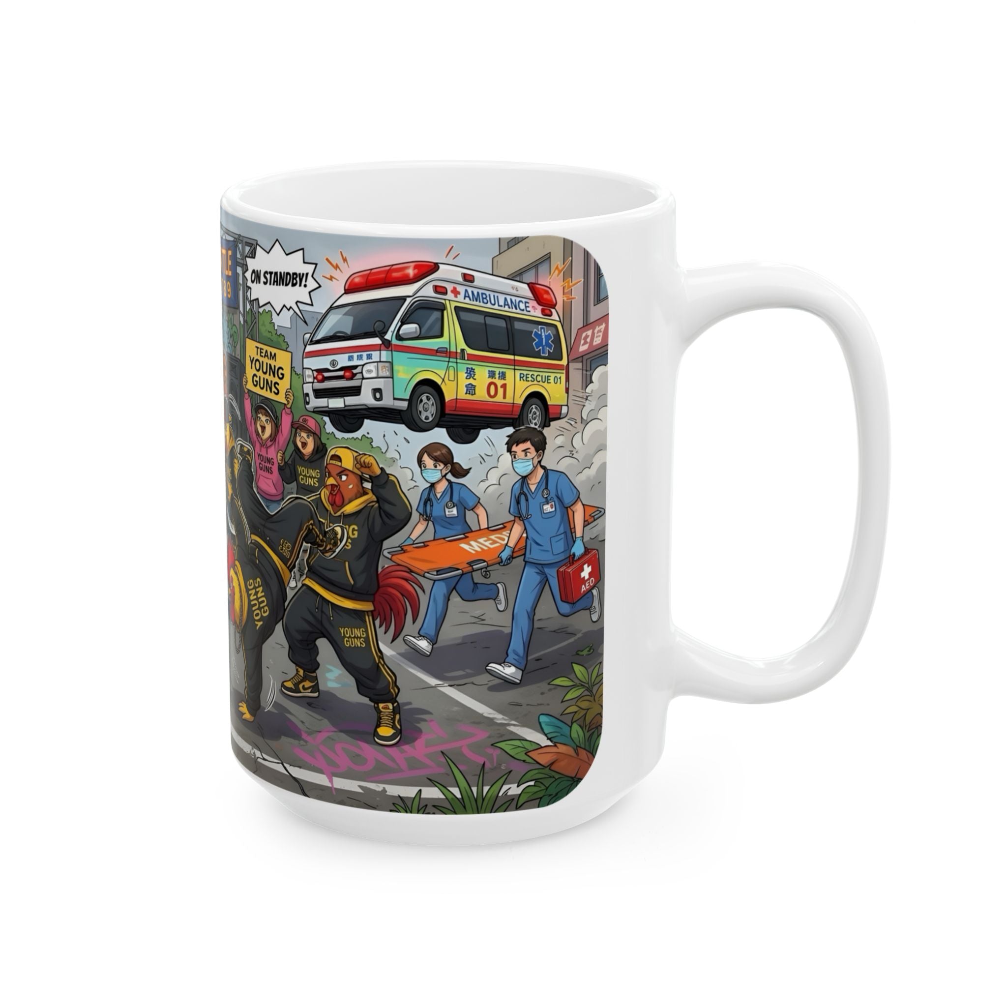 Chicken Dance Battle White Ceramic Mug (11oz, 15oz) — Funny Rooster Street Dance Cup
