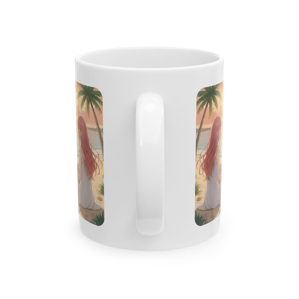 Doberman, Chihuahua & Orange Cat Coastal Vibe White Ceramic Mug, Cozy Sunset Beach Anime Girl Cup (11oz, 15oz)