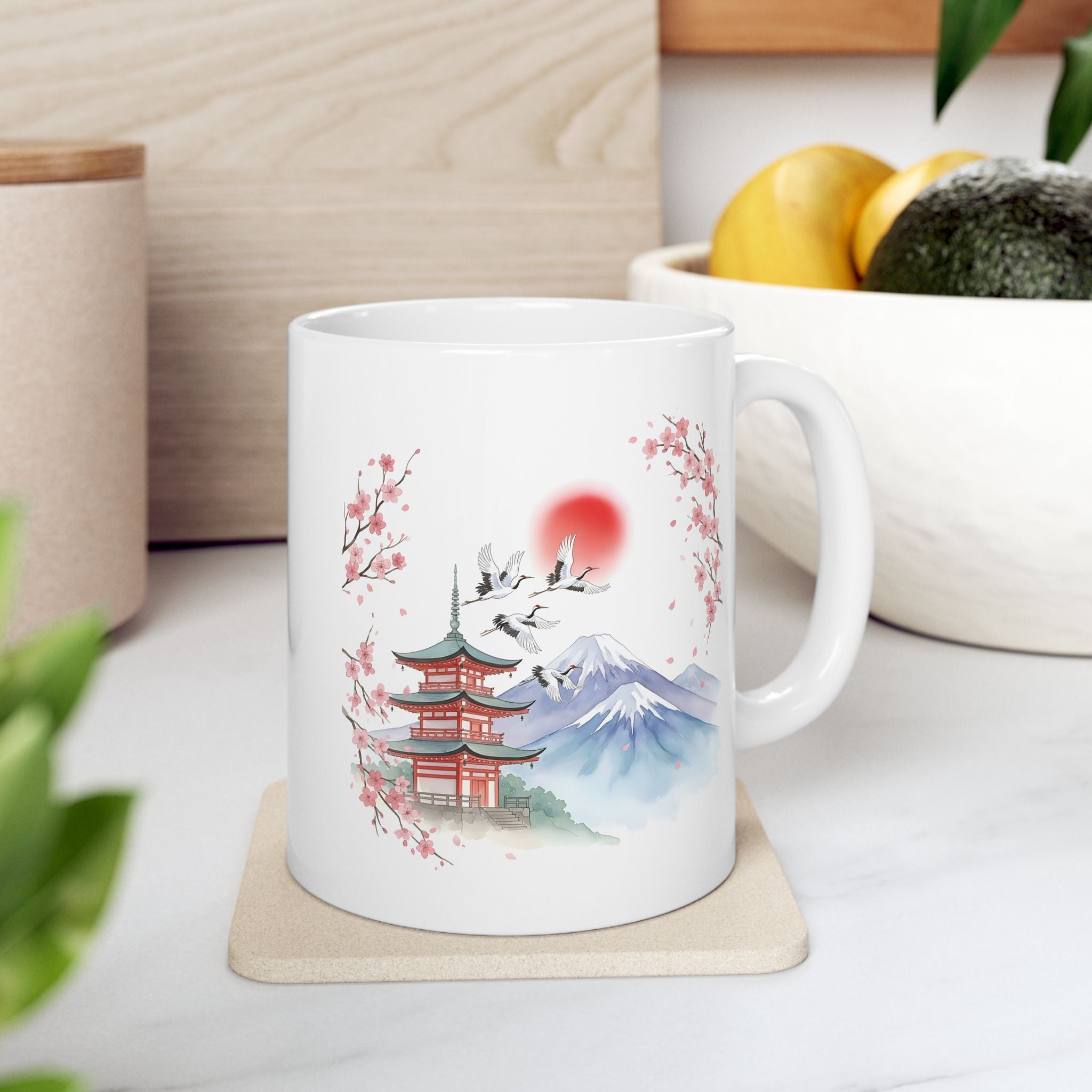 Cherry Blossom Mountain White Ceramic Mug - Japanese Sakura Scenic Tea Cup (11oz, 15oz)