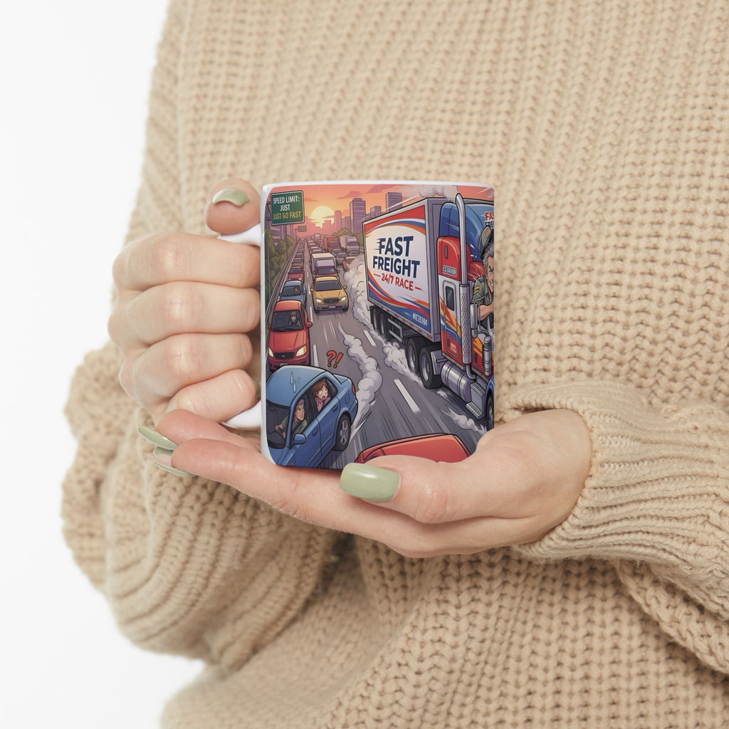 Trucker Life White Ceramic Mug – 'Fast Freight' Big Rig Tea Cup (11oz/15oz)