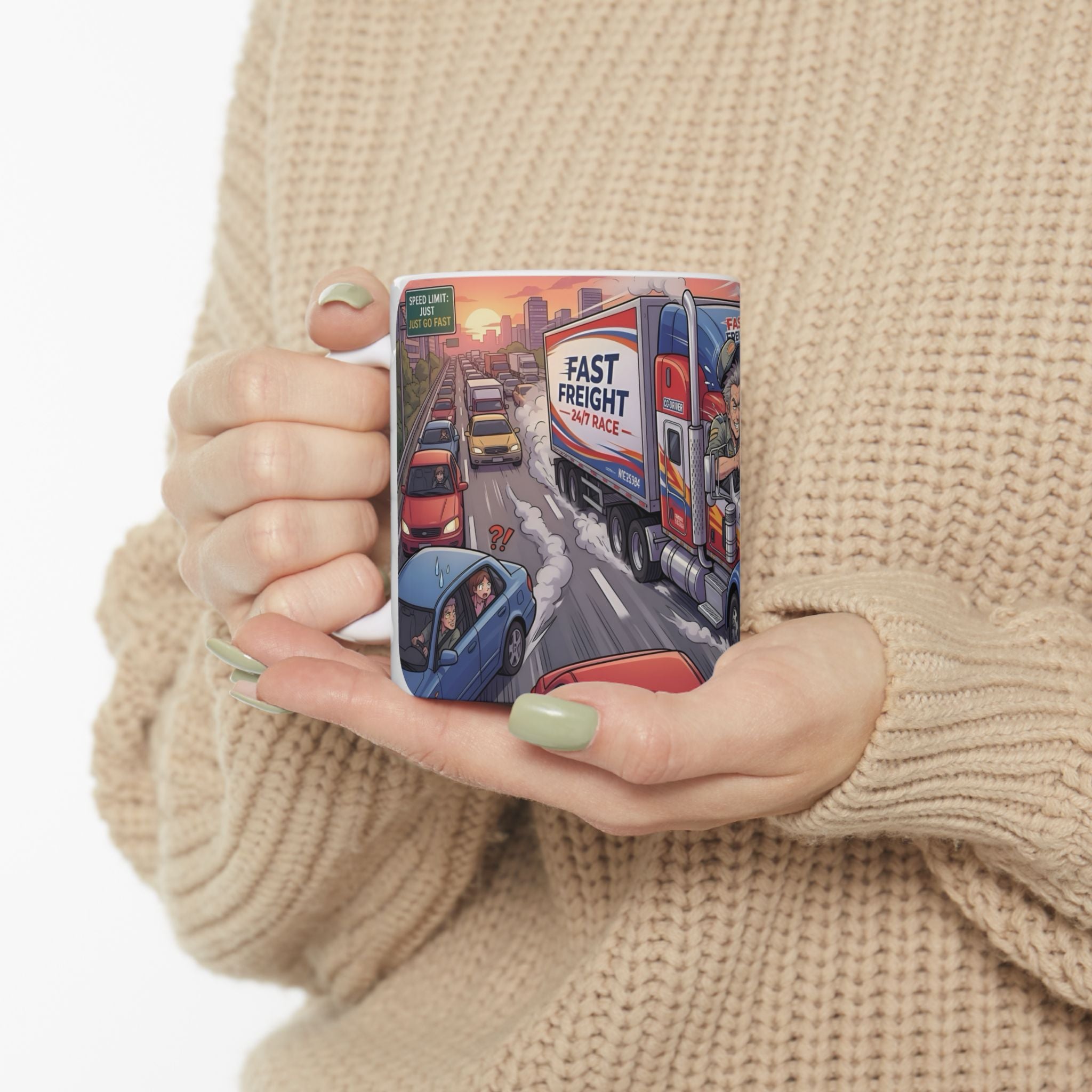 Trucker Life White Ceramic Mug – 'Fast Freight' Big Rig Tea Cup (11oz/15oz)