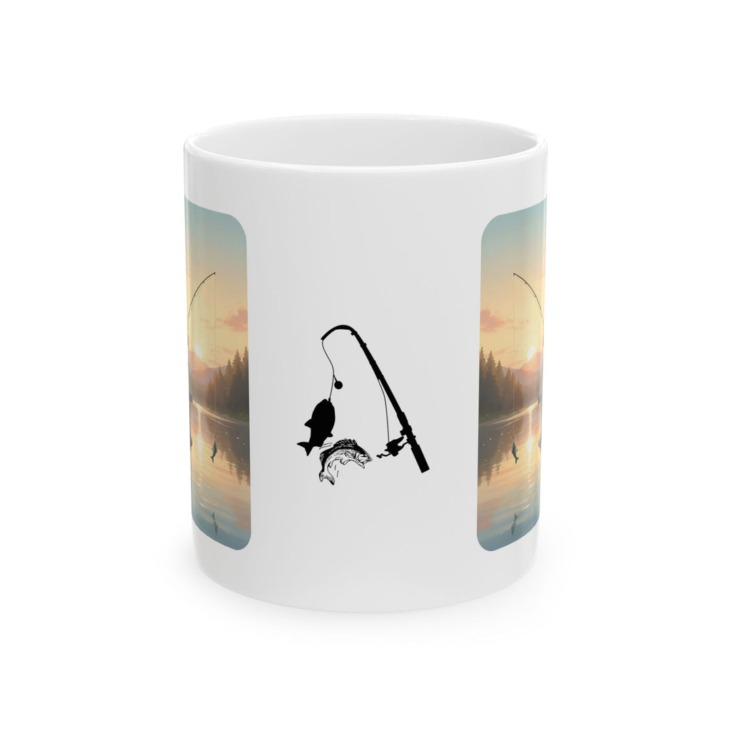 Romantic Sunset Lake Fishing Couple White Ceramic Mug — Sunrise Lake, Truck & Rod Anime Camping Adventure 11oz/15oz