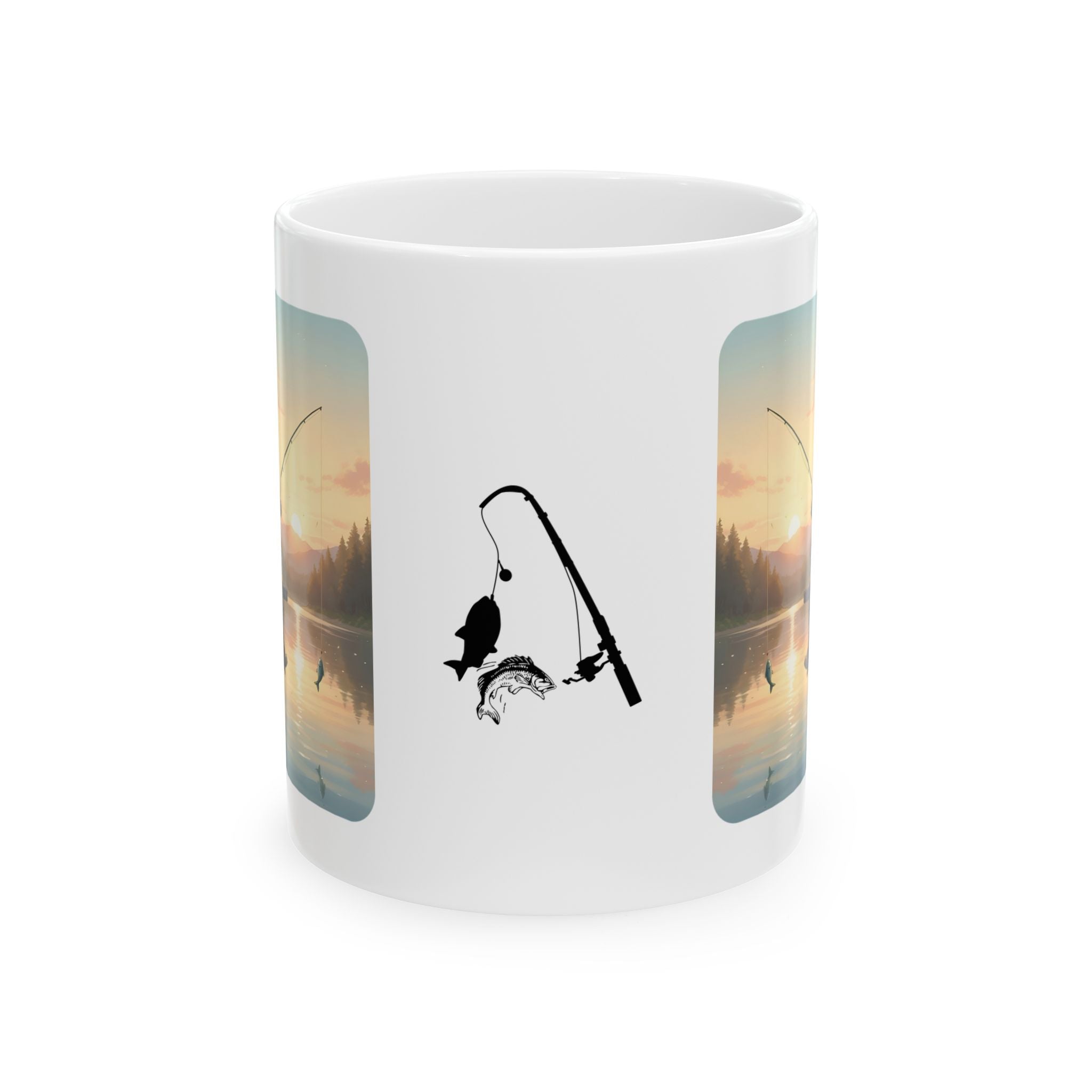 Romantic Sunset Lake Fishing Couple White Ceramic Mug — Sunrise Lake, Truck & Rod Anime Camping Adventure 11oz/15oz