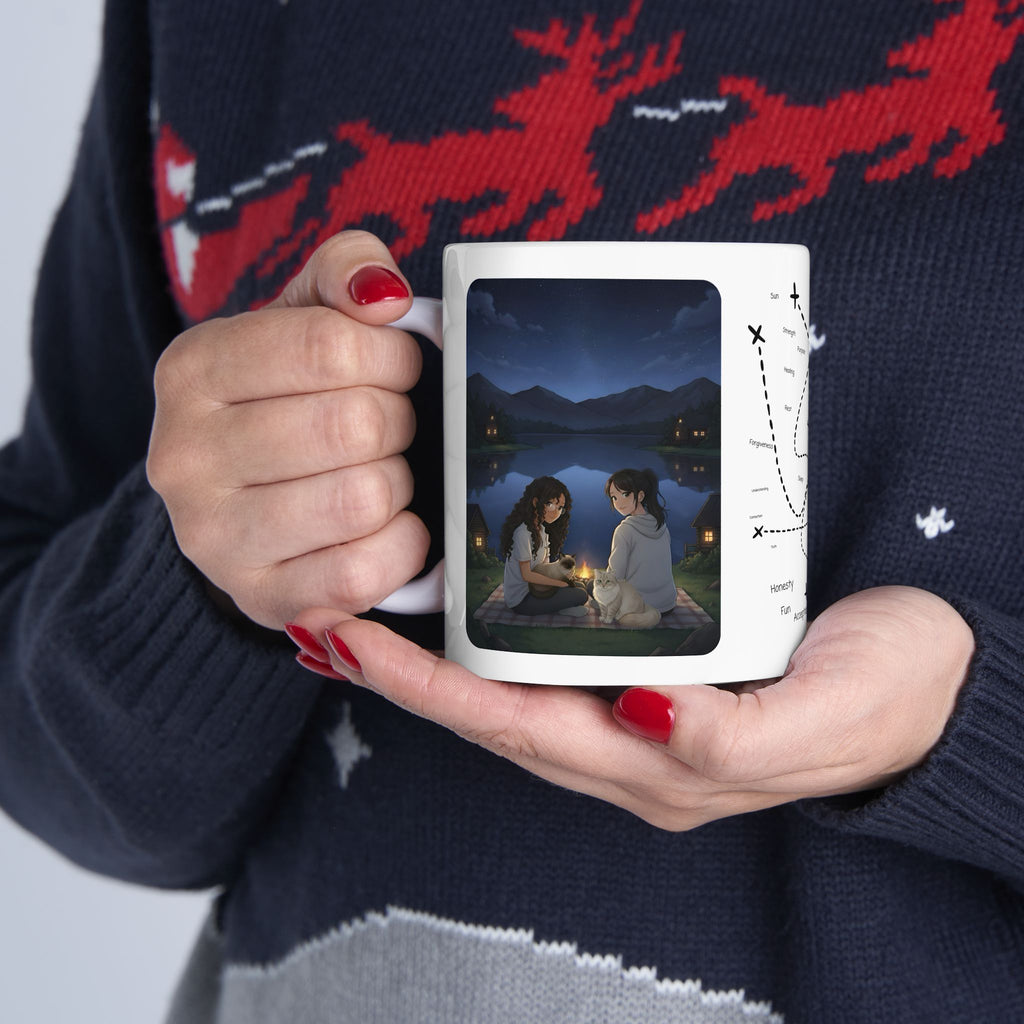 Kawaii Cat Lovers Transcending Time White Ceramic Mug — True Anime Best Friends in Japan Cup (11oz/15oz)