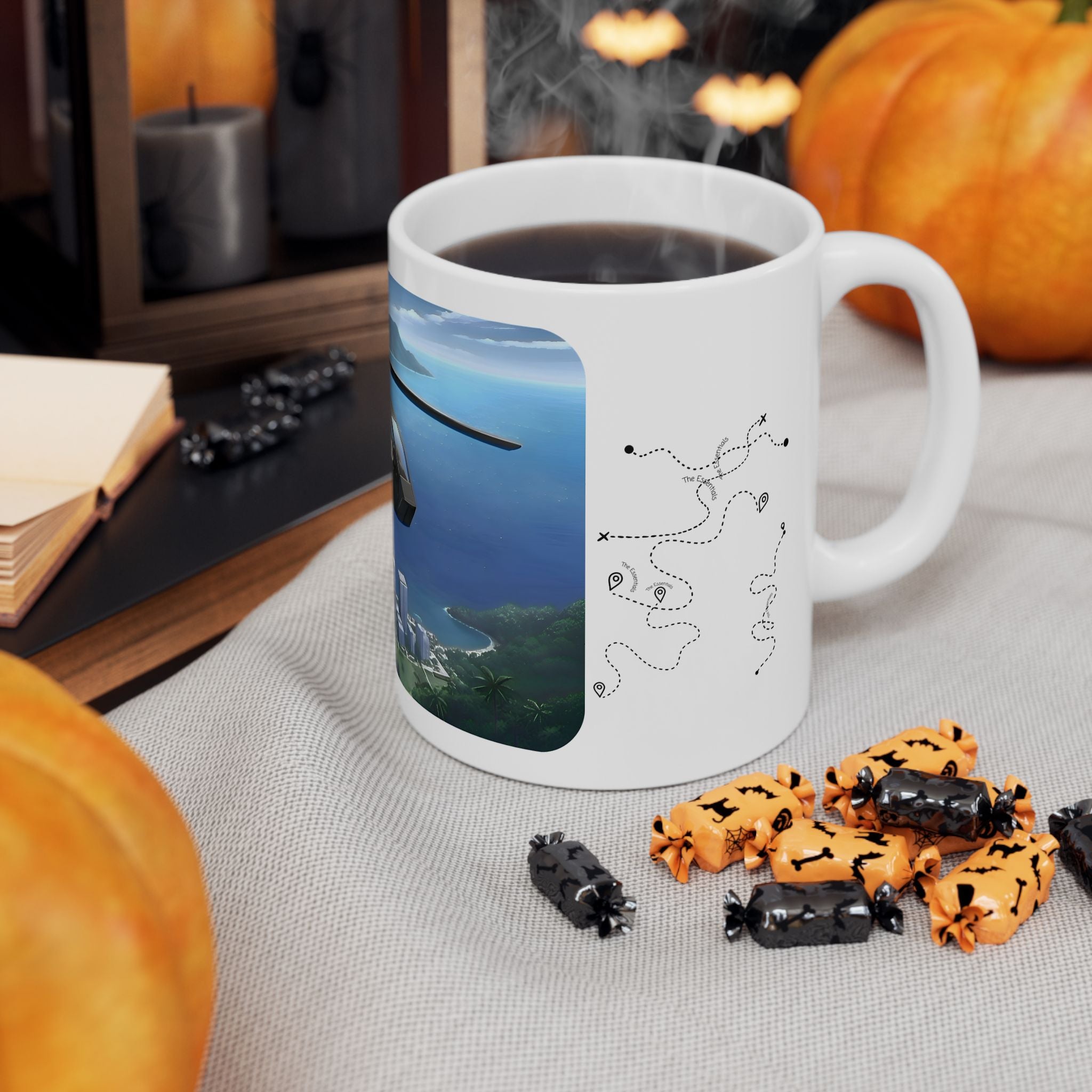 Anime Helicopter Adventure #7 Kawaii Kittens Over Tropical Beachy Metro White Ceramic Mug – Celebrating Companionship, Creativity & Life’s Little Wonders Cup (11oz/15oz)