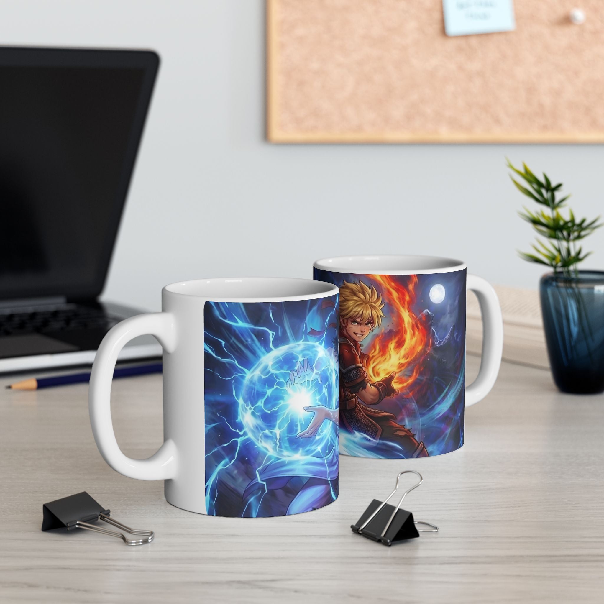 Anime Elemental Battle Duo #2 White Ceramic Mug — Fire And Lightning Gamers' Adventure(11oz, 15oz)