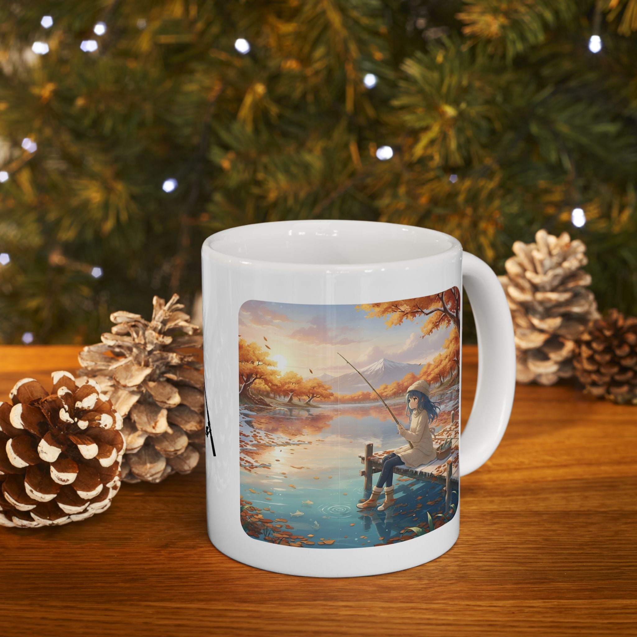 Cozy Anime Girl Joyful Fishing Lake Adventure White Ceramic Mug — Scenic Autumn Aesthetic Mountain Landscape Tea Cup (11oz/15oz)