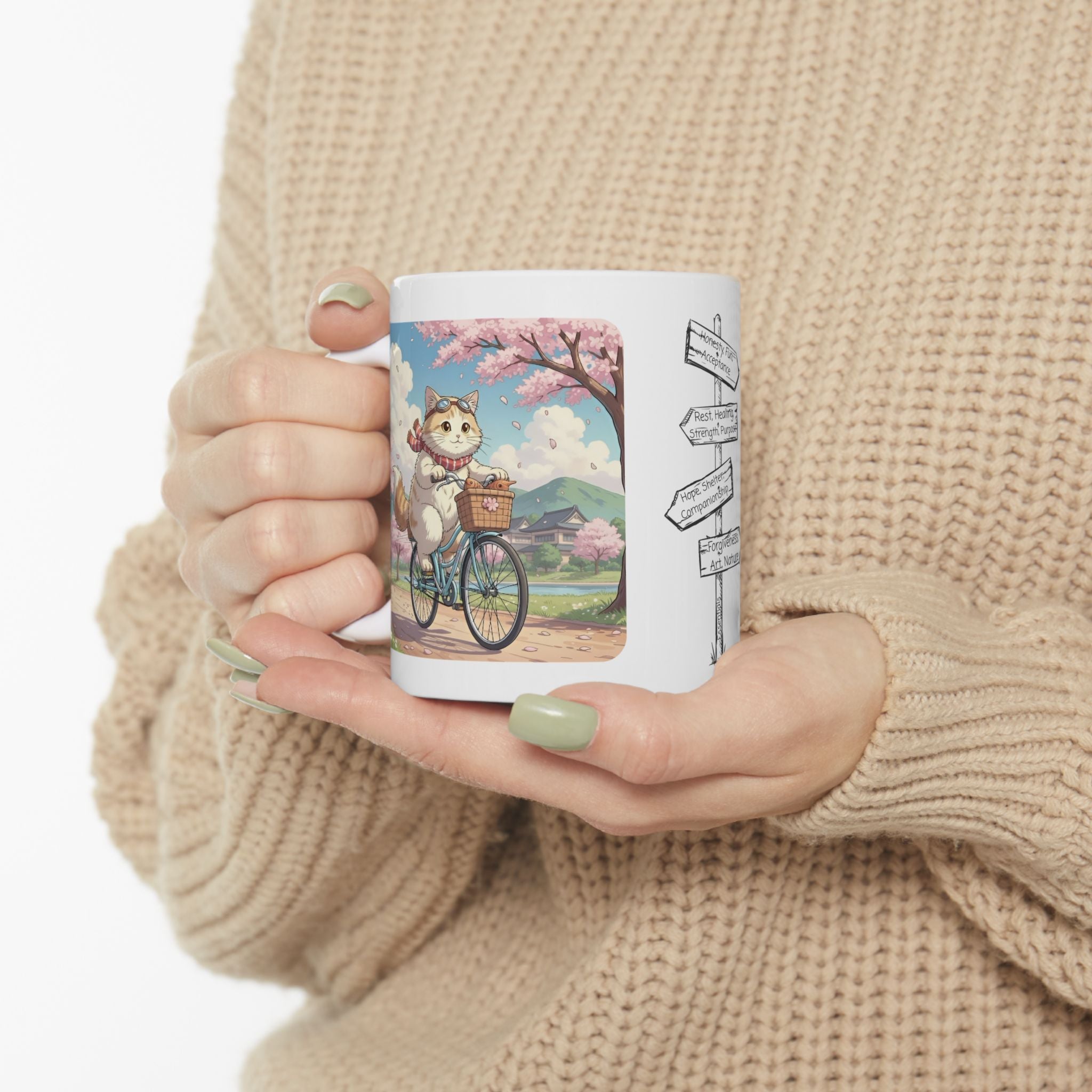 Cozy Kawaii Kitty Riding in Sakura Japan White Ceramic Mug — Whiskers on Wheels, Cherry Blossom Calm Cup, 11o z & 15oz