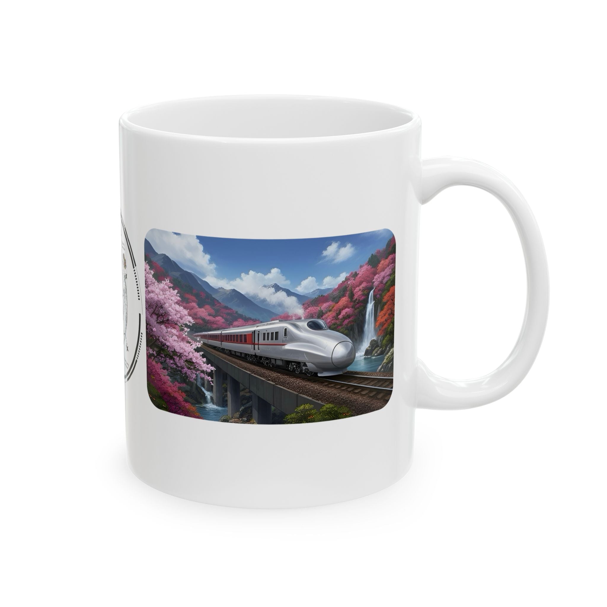 Springtime Cherry Blossom Bullet Train Express White Ceramic Mug, Serene Mountain Viaduct Sakura Railway Cup (11oz/15oz)