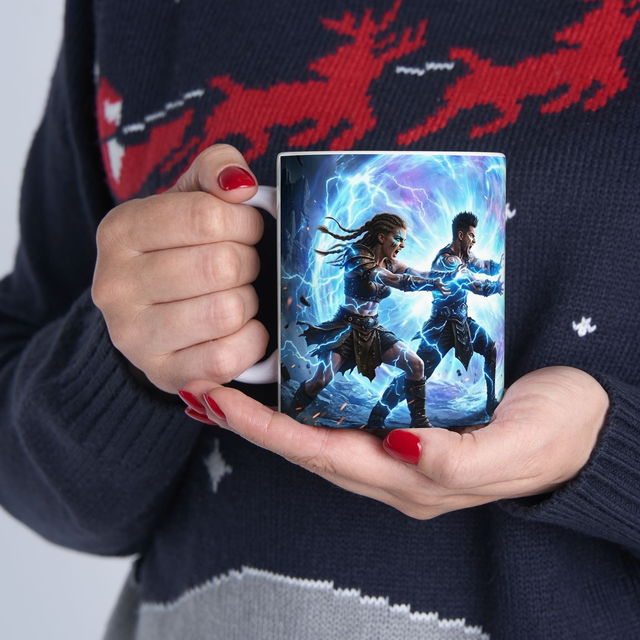 Dragon Battle #2 White Ceramic Mug — Epic Fantasy Gaming Adventure Scene (11oz, 15oz)