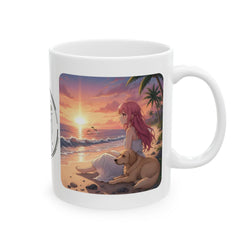 Siberian Husky Dog Orange Cat Sunset & Sunflower White Ceramic Mug — Golden Retriever Anime Girl Boho Beach Vibes Cup (11oz, 15oz)