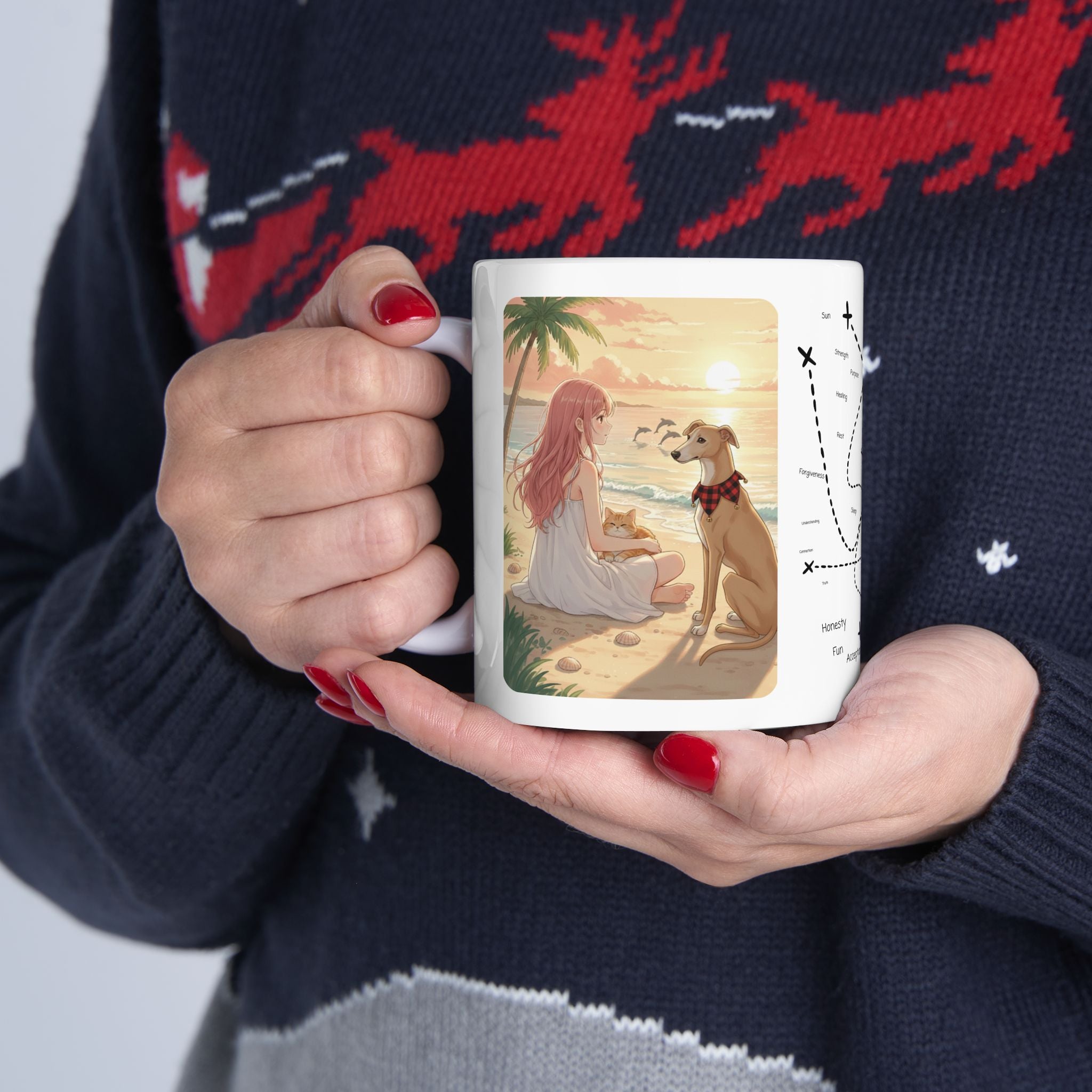 Dreamy Whippet Greyhound Dog & Orange Cat Tropical Seascape White Ceramic Mug, Cozy Owner and Pet Mom on Beach Cup (11oz, 15oz)