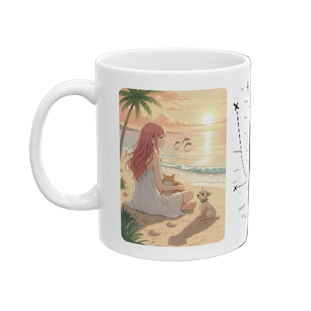 Mug with a beach scene illustration of a woman and her pets on a white background