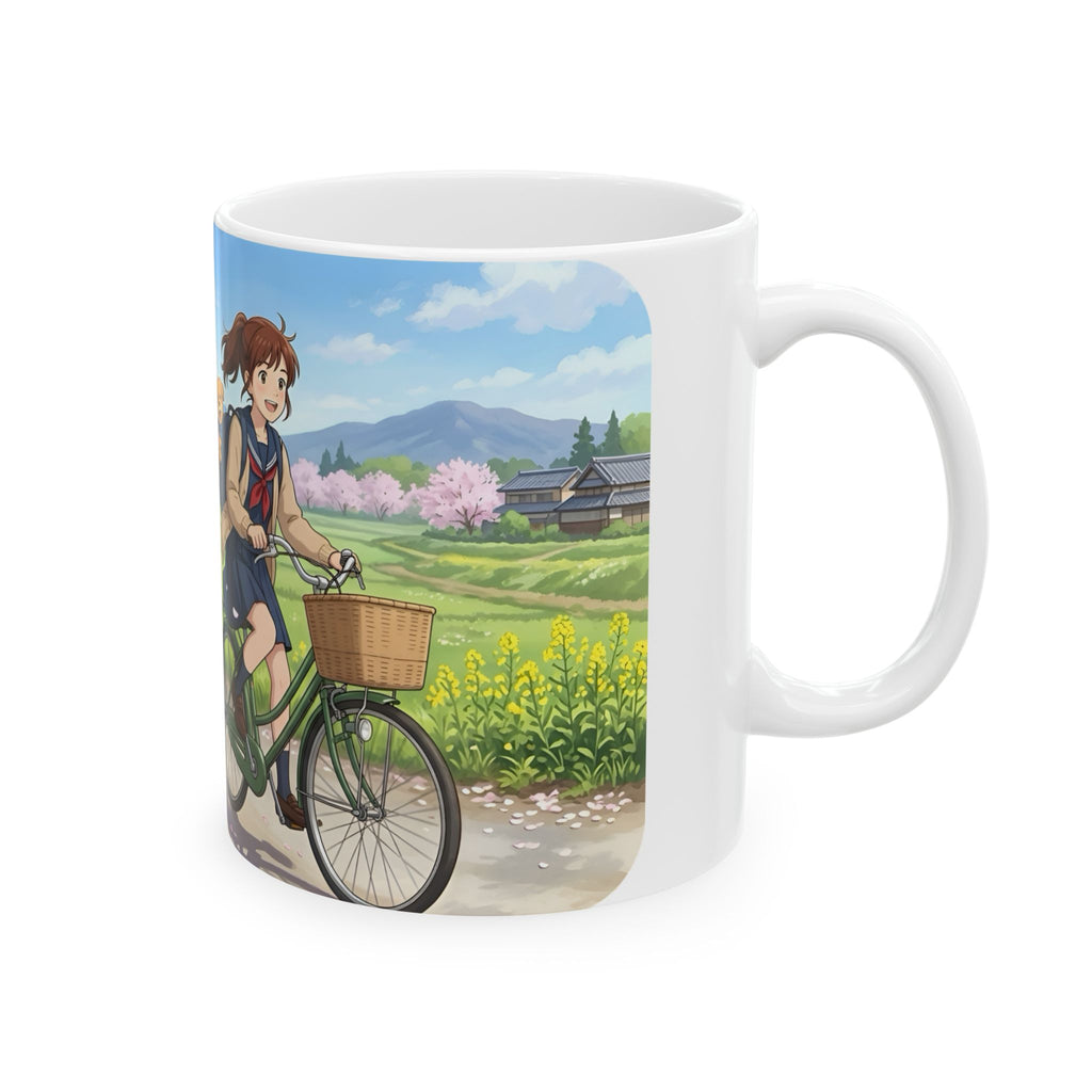 A Quiet Moment of Escape White Ceramic Mug — Sunlit Spring Sakura Cycling Cup (11oz, 15oz)
