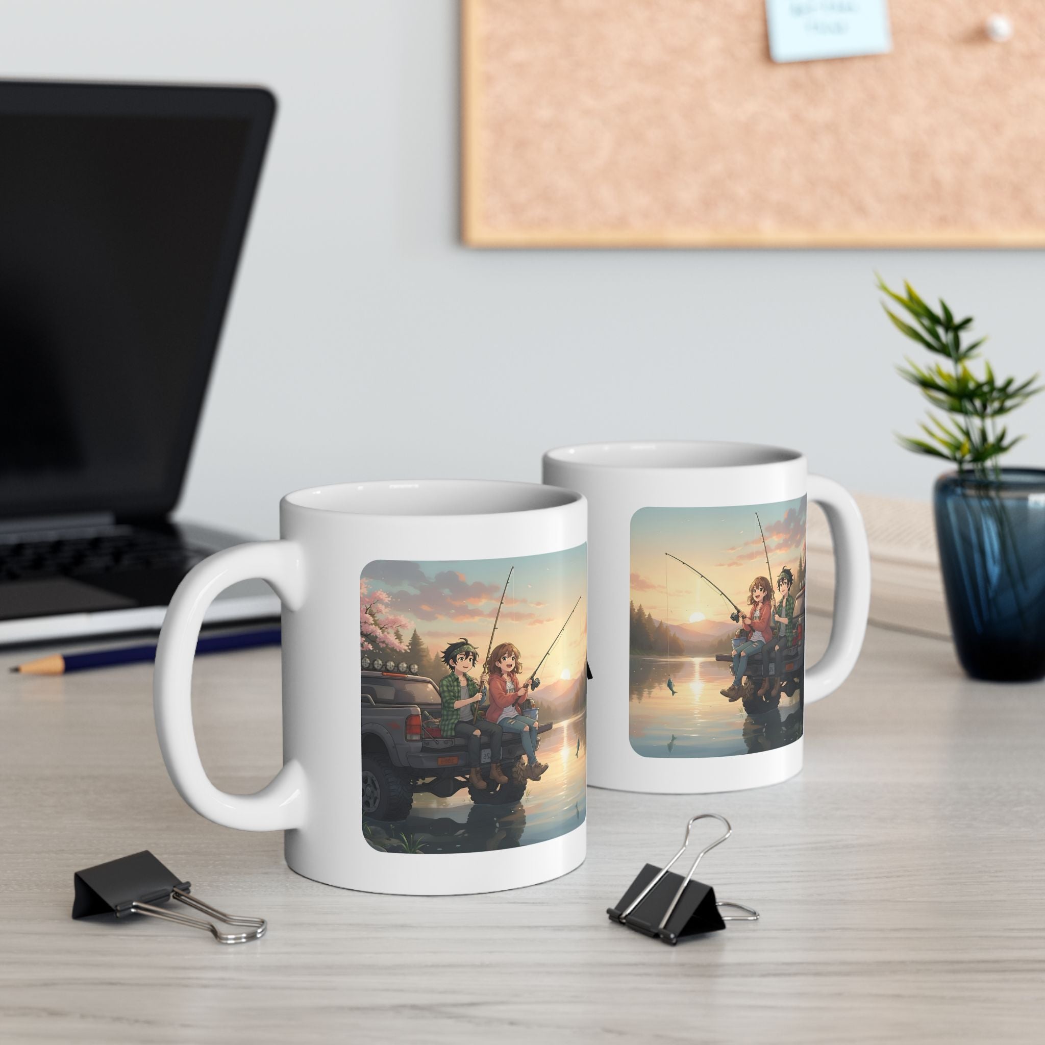 Romantic Sunset Lake Fishing Couple White Ceramic Mug — Sunrise Lake, Truck & Rod Anime Camping Adventure 11oz/15oz