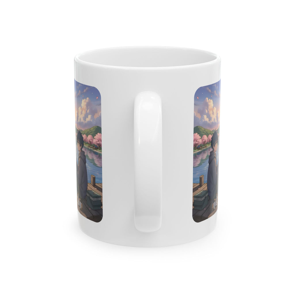 Dock Fishing At Sunset With My Calico Cat White Ceramic Mug — Serene Lake Pier Tea Cup (11oz/15oz)
