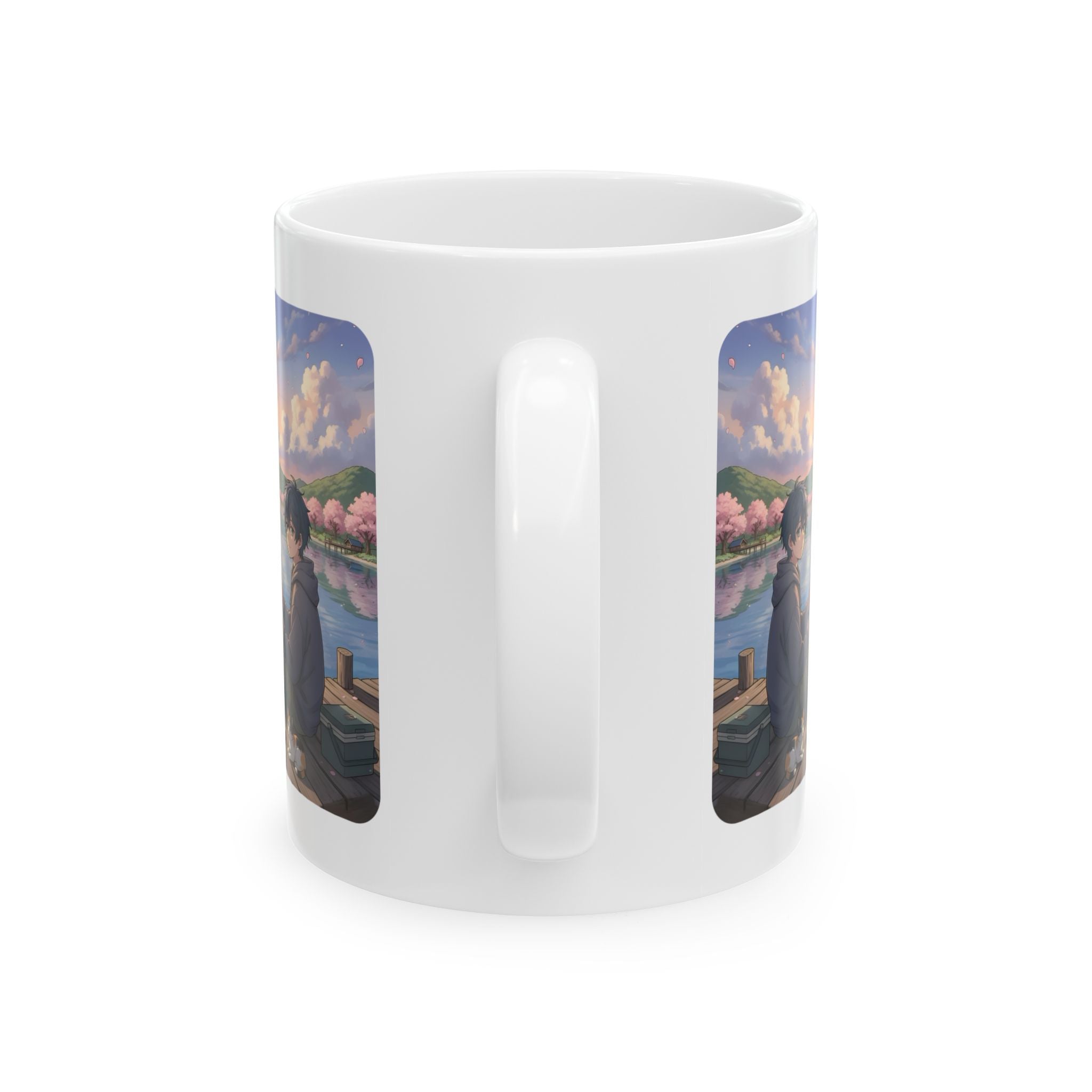 Dock Fishing At Sunset With My Calico Cat White Ceramic Mug — Serene Lake Pier Tea Cup (11oz/15oz)