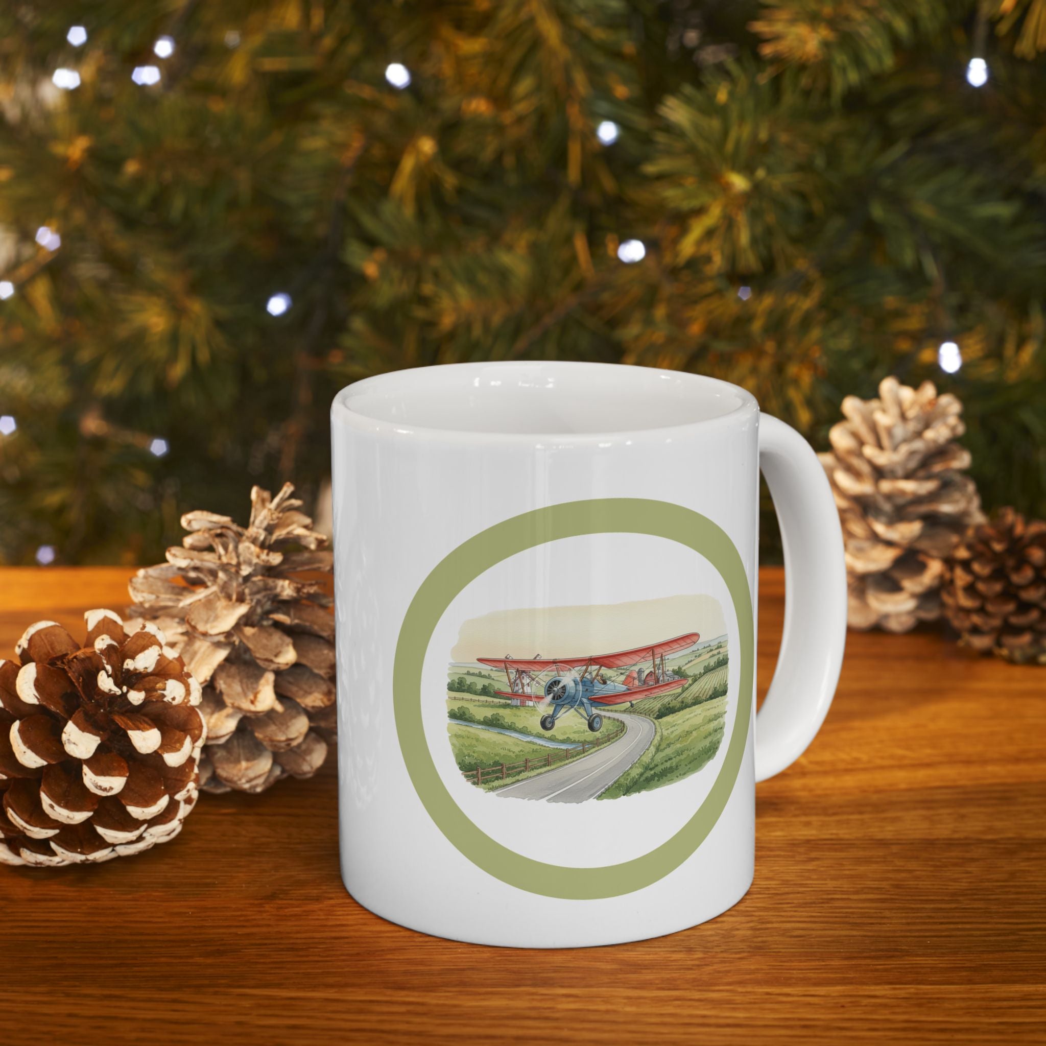 Countryside Airplane White Ceramic Mug — Vintage Biplane Landscape Tea Cup (11oz & 15oz)