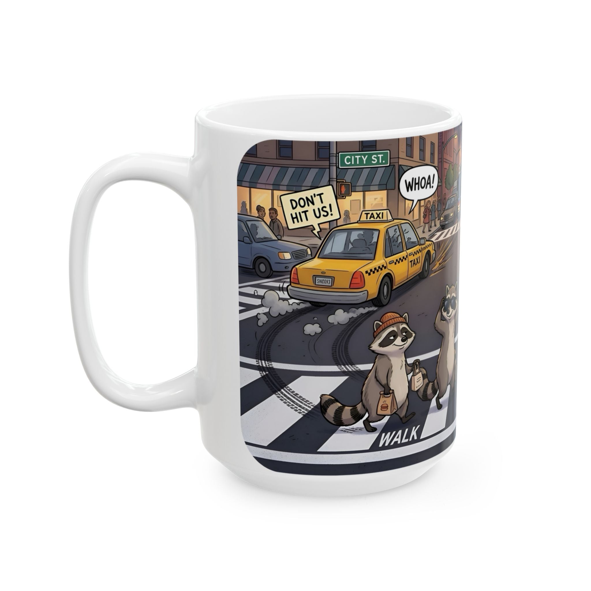 Raccoon Crosswalk White Ceramic Mug (11oz/15oz) – Cute Urban Wildlife Tea Cup