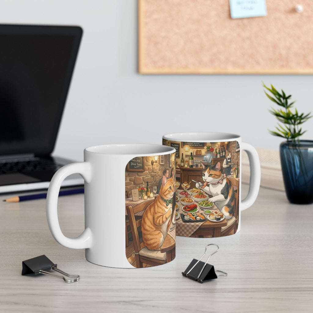 Cat Ghibli Whisker Bistro White Ceramic Mug — Cozy Feline Tapas Cafe Cup (11oz/15oz)