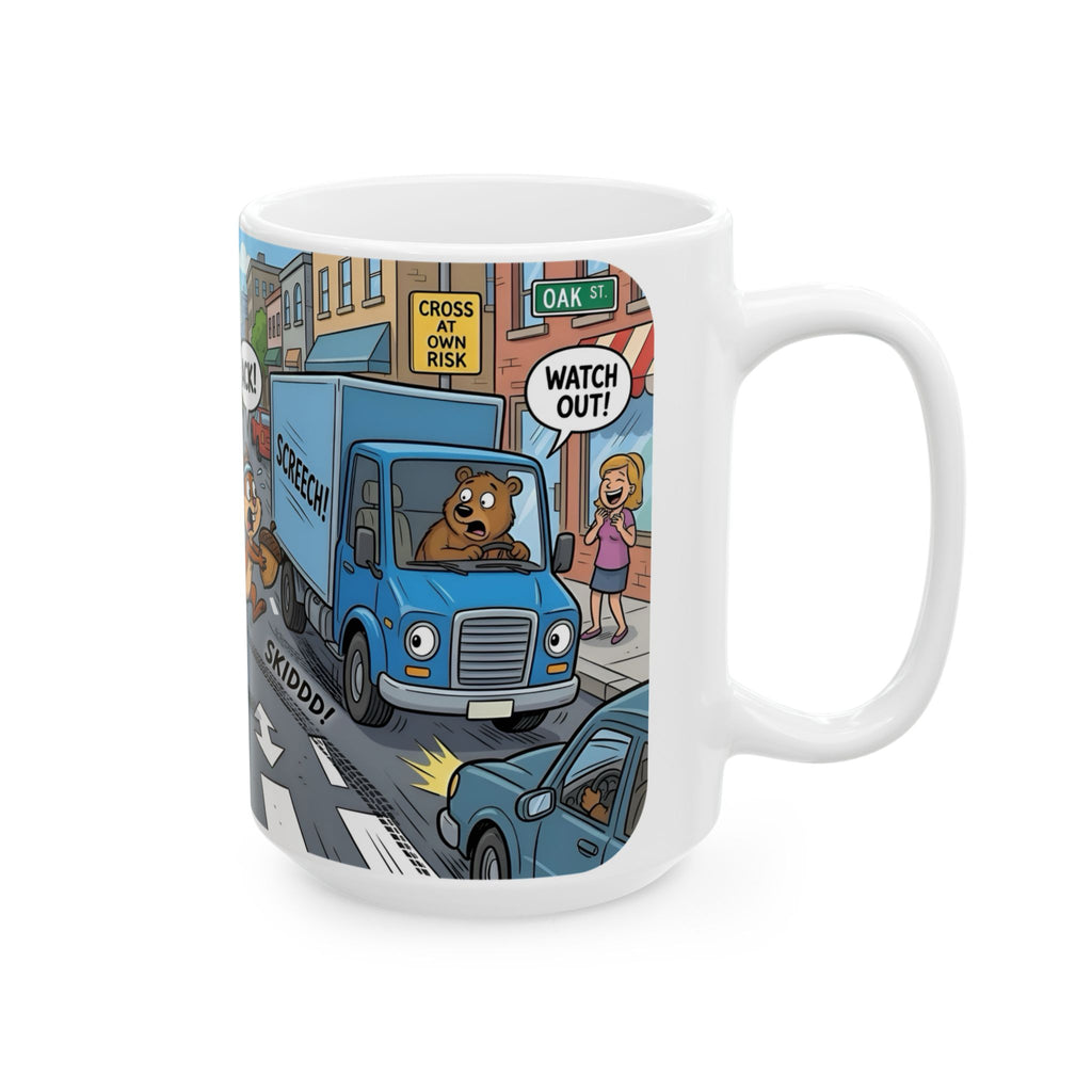 Nutsy's Crossy Road White Ceramic Mug – Adventurous Squirrel Crossing Cup (11oz/15oz)