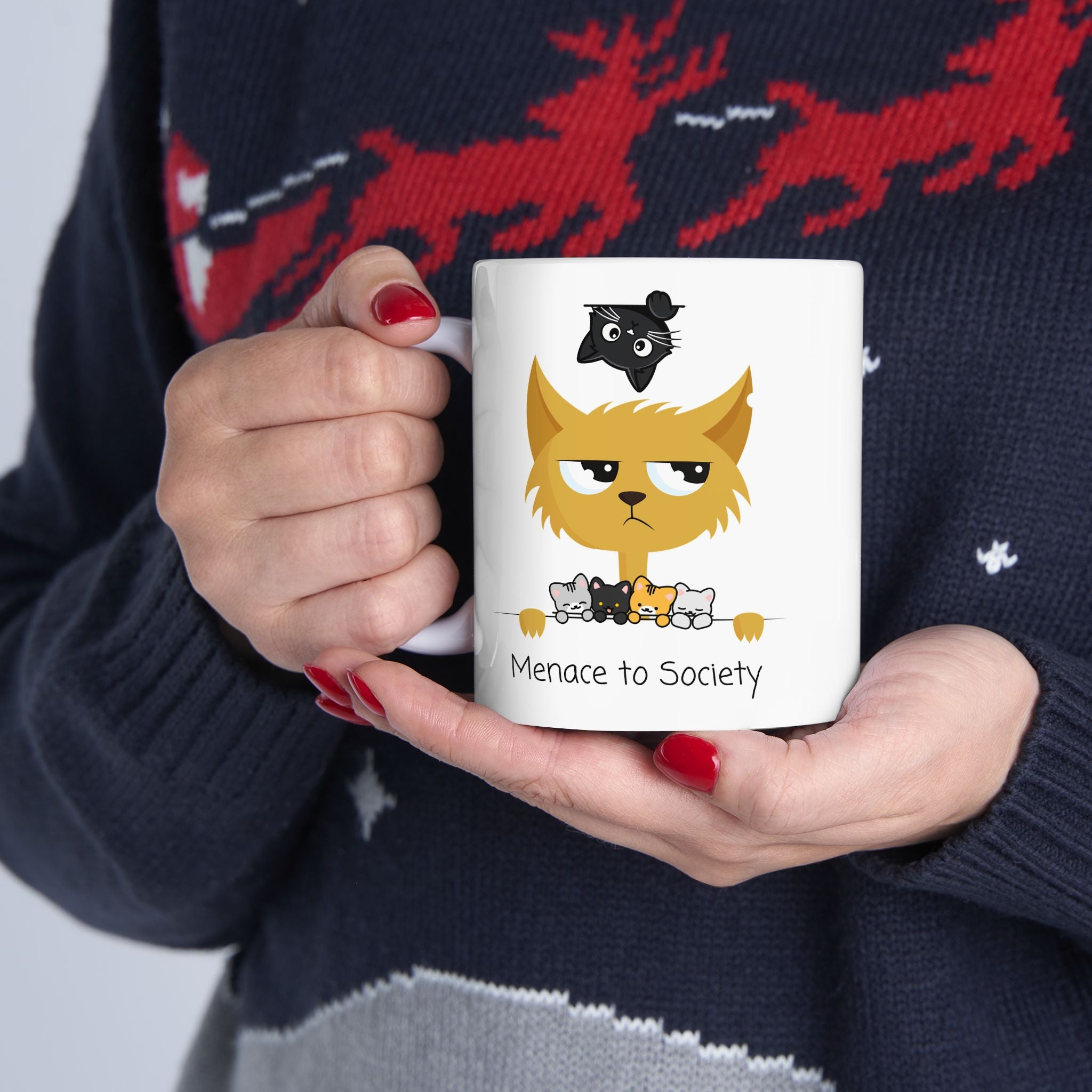 Cheeky Cat Mom White Ceramic Mug — Cute "Menace To Society" Rebel Cats Tea Cup (11oz, 15oz)