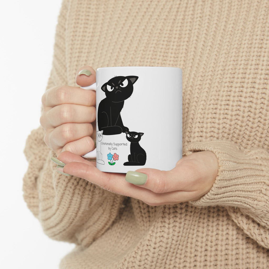 Emotionally Supported by Cats White Ceramic Mug – Cute Black & White Sassy Kitties Tea Cup (11oz & 15oz)