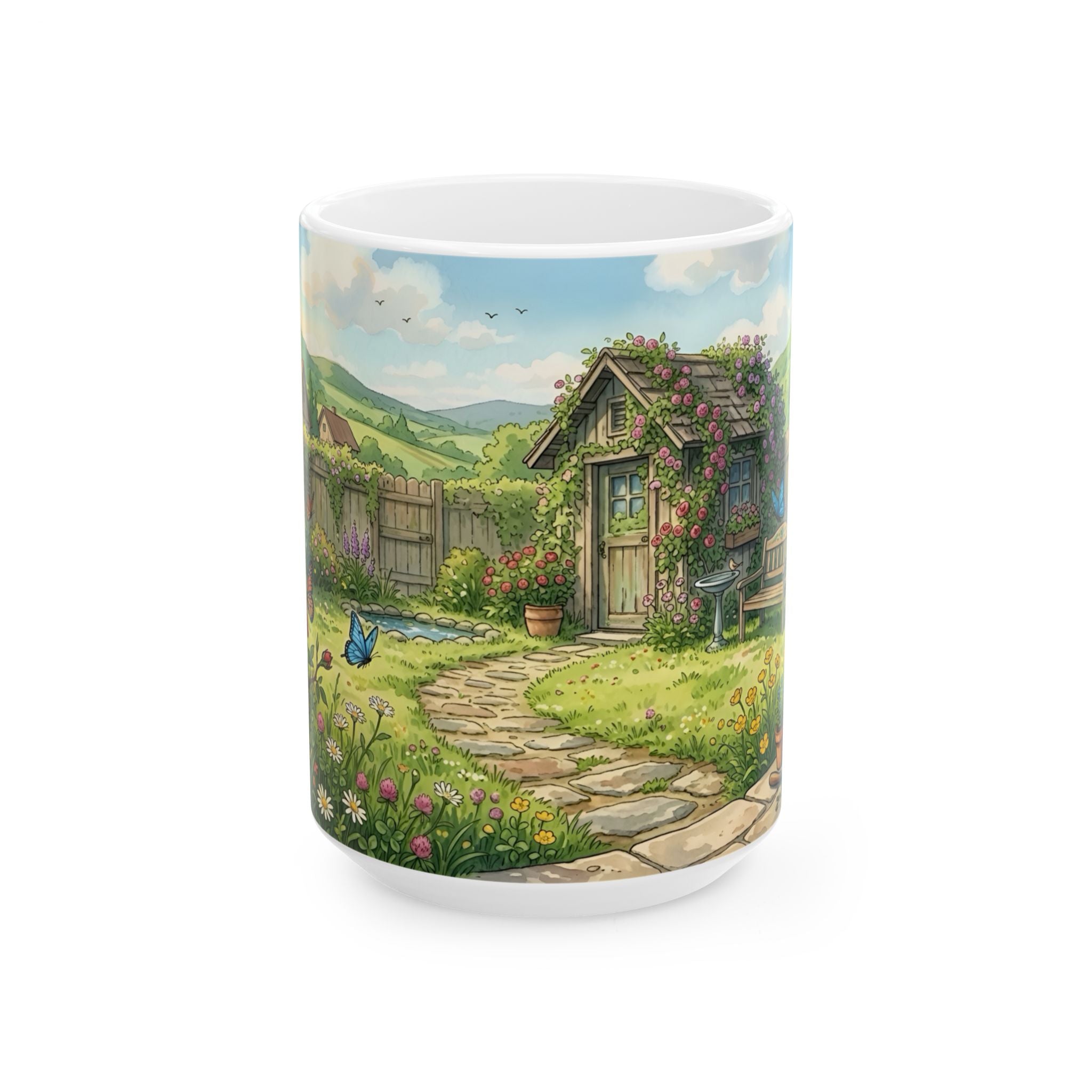 Cottage Garden White Ceramic Mug — Cozy Scenic Floral Tea Cup (11oz/15oz)