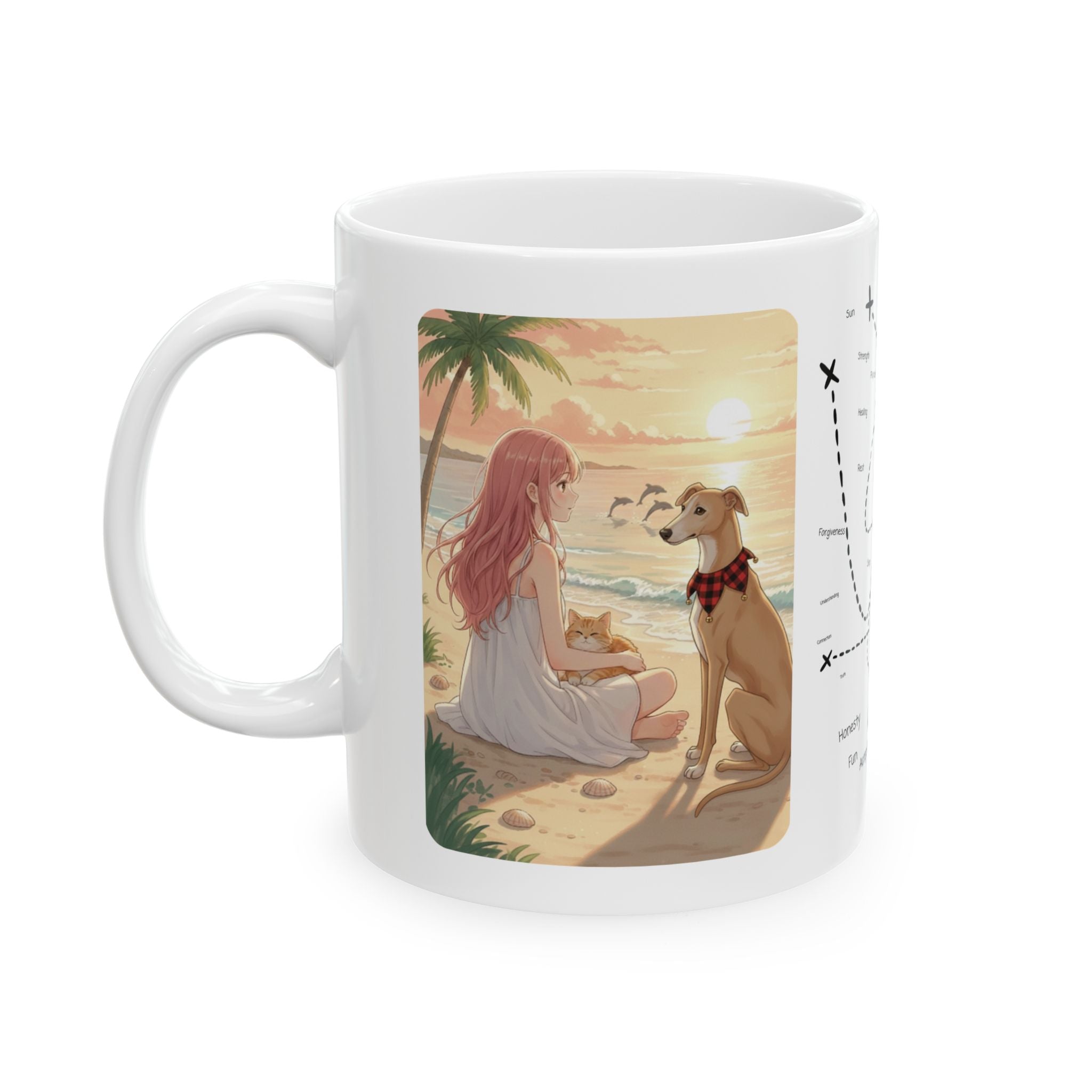 Dreamy Whippet Greyhound Dog & Orange Cat Tropical Seascape White Ceramic Mug, Cozy Owner and Pet Mom on Beach Cup (11oz, 15oz)