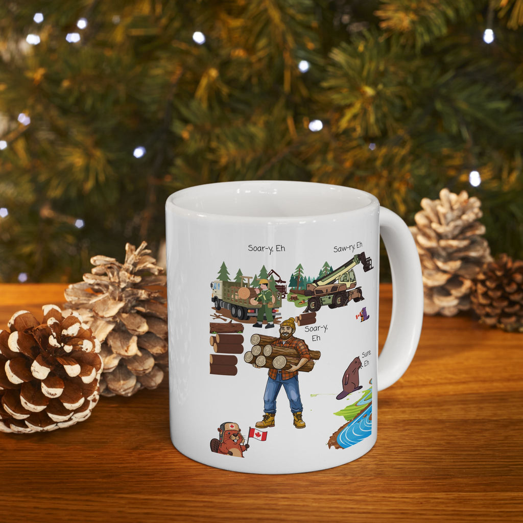 Cute Woodland Beavers With Canadian Lumberjacks On A White Ceramic Mug (11oz, 15oz), We Love Canada Loggers Cup