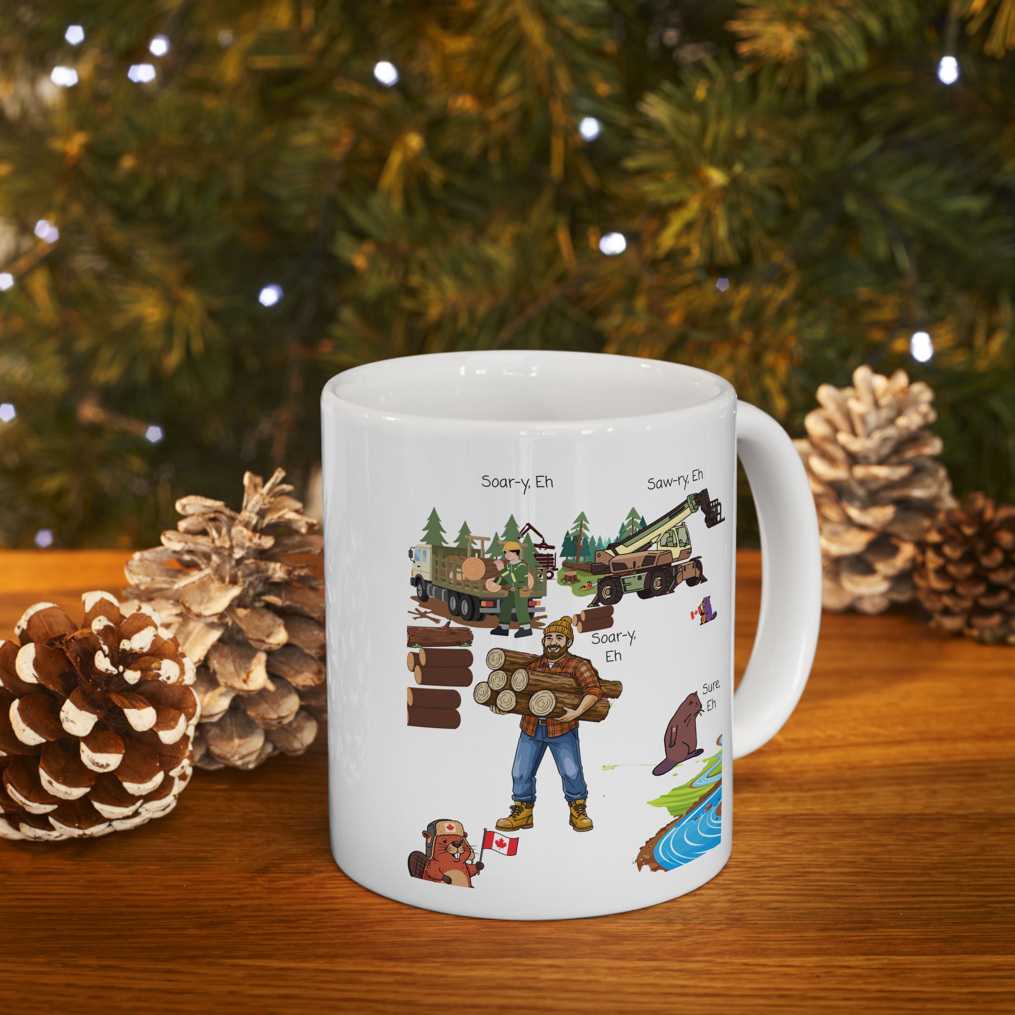 Cute Woodland Beavers With Canadian Lumberjacks On A White Ceramic Mug (11oz, 15oz), We Love Canada Loggers Cup