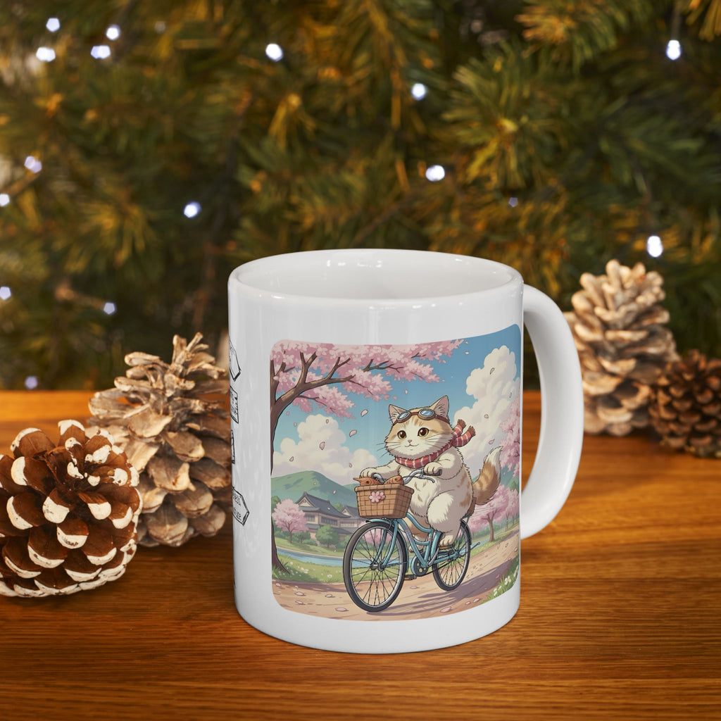 Cozy Kawaii Kitty Riding in Sakura Japan White Ceramic Mug — Whiskers on Wheels, Cherry Blossom Calm Cup, 11o z & 15oz