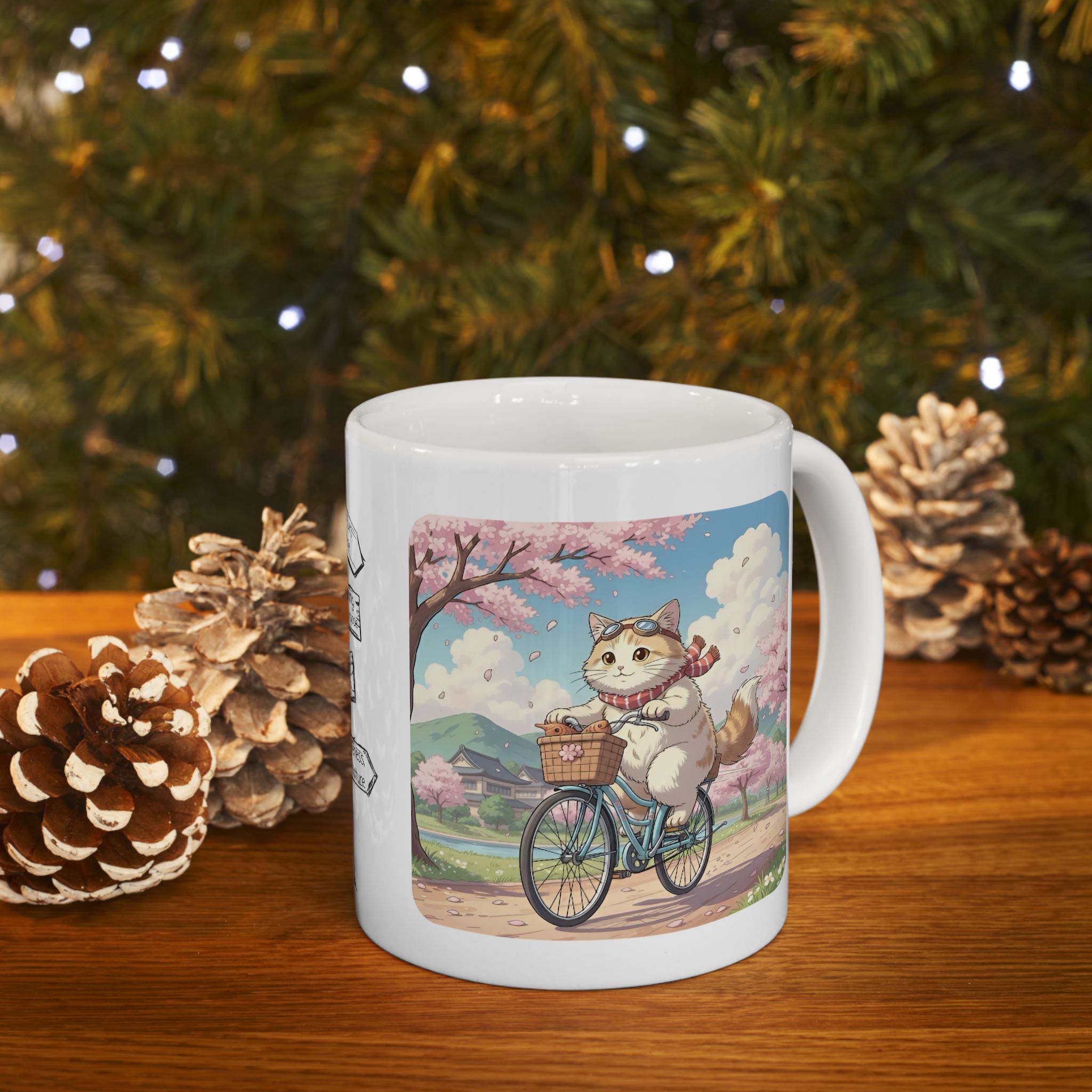 Cozy Kawaii Kitty Riding in Sakura Japan White Ceramic Mug — Whiskers on Wheels, Cherry Blossom Calm Cup, 11o z & 15oz