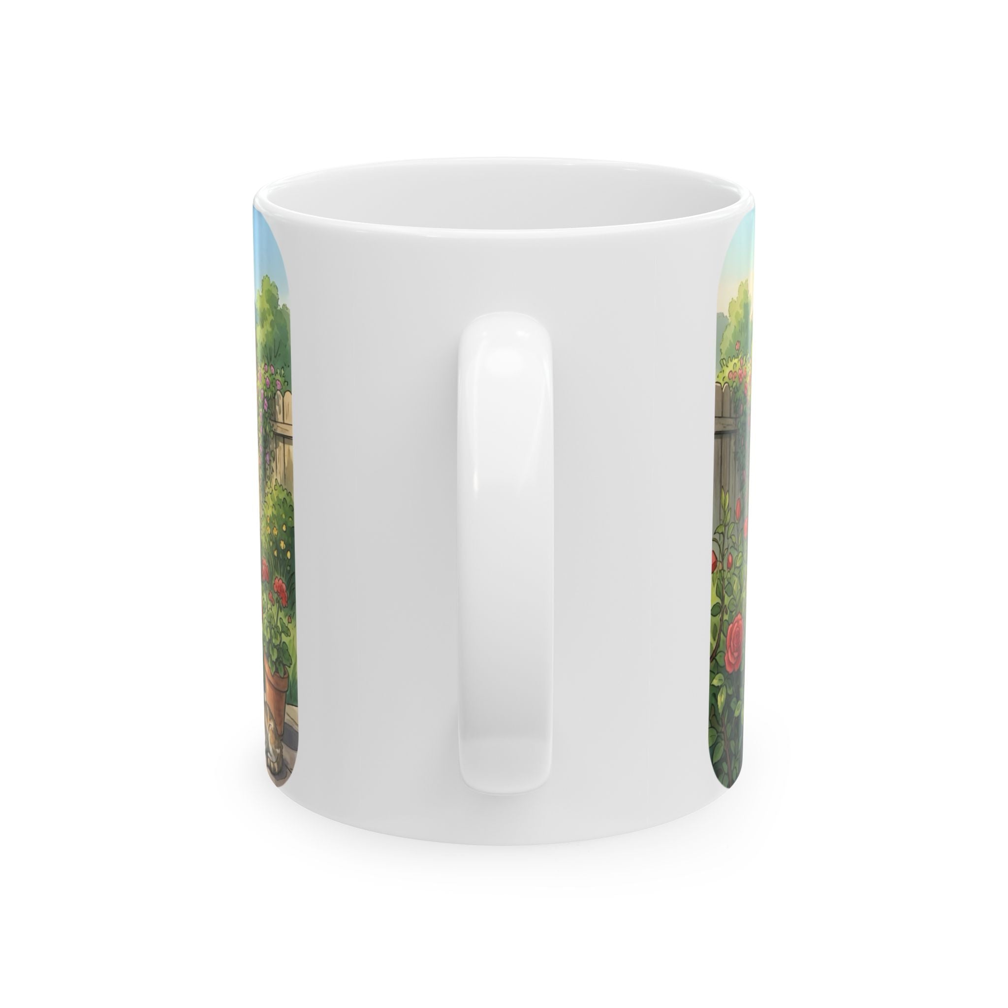 Cottage Garden White Ceramic Mug — Cozy Scenic Floral Tea Cup (11oz/15oz)