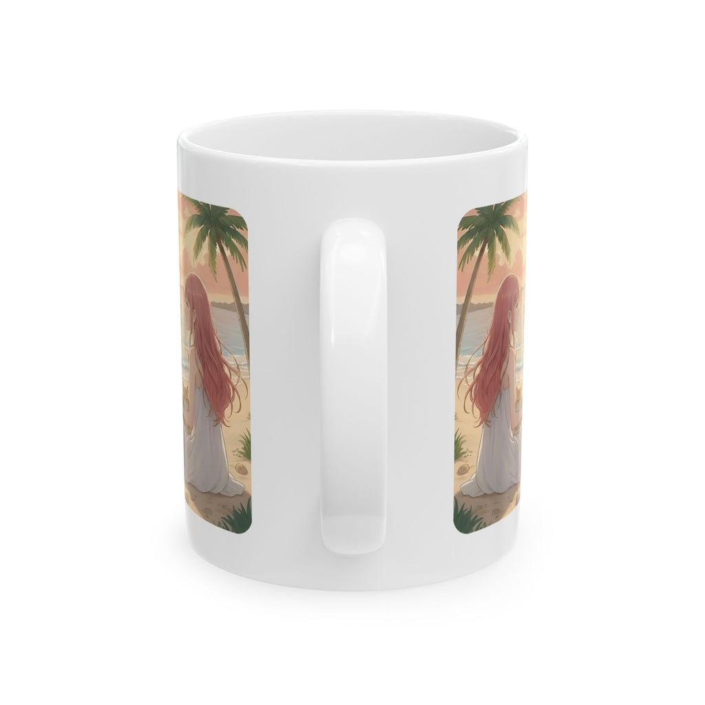 Cute French Bulldog, Pug & Orange Cat Coastal Vibe White Ceramic Mug, Cozy Sunset Seascape Anime Girl Cup (11oz, 15oz)
