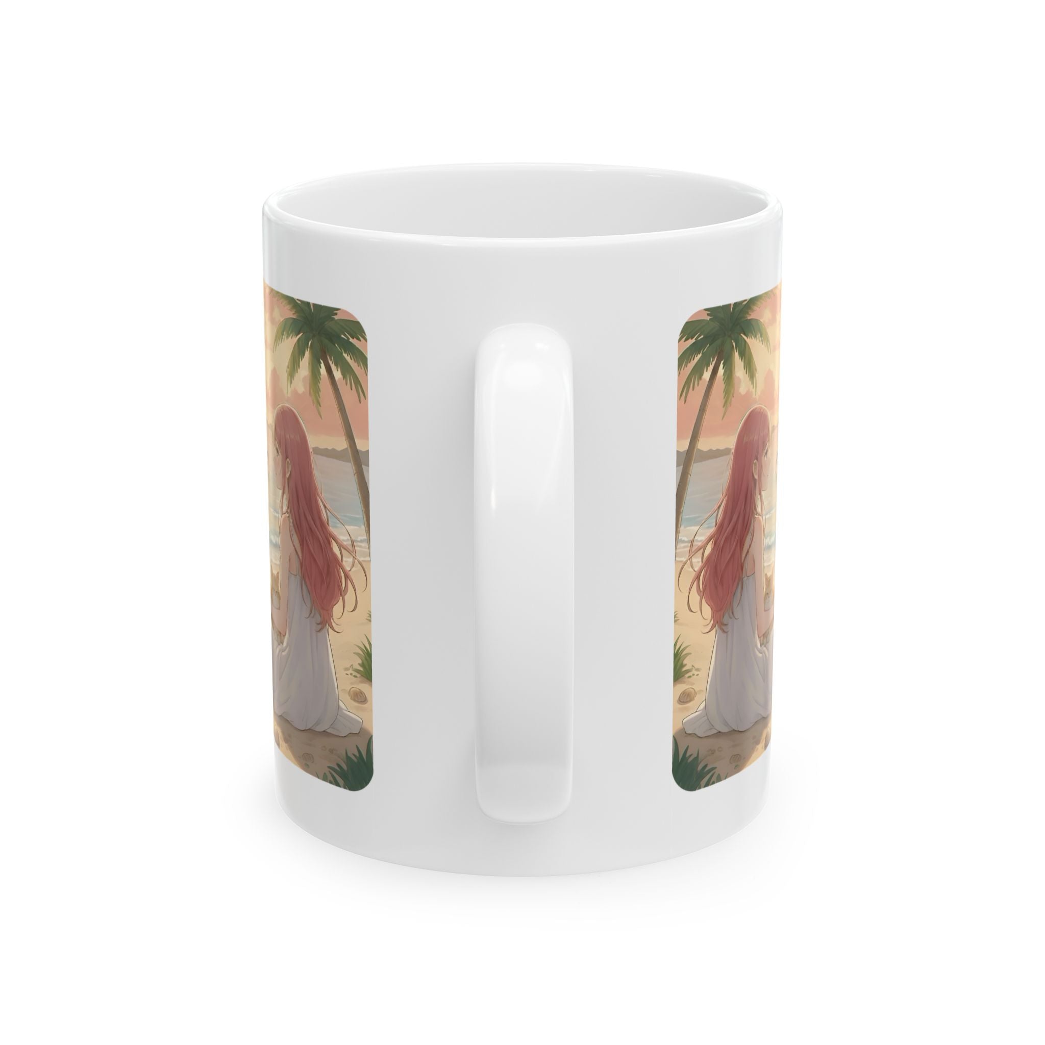 Cute French Bulldog, Pug & Orange Cat Coastal Vibe White Ceramic Mug, Cozy Sunset Seascape Anime Girl Cup (11oz, 15oz)