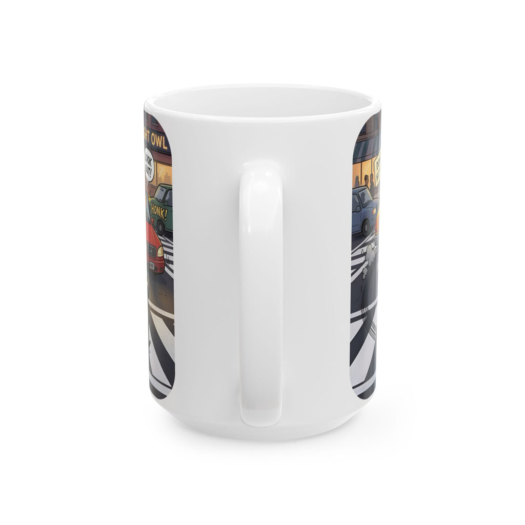 Raccoon Crosswalk White Ceramic Mug (11oz/15oz) – Cute Urban Wildlife Tea Cup