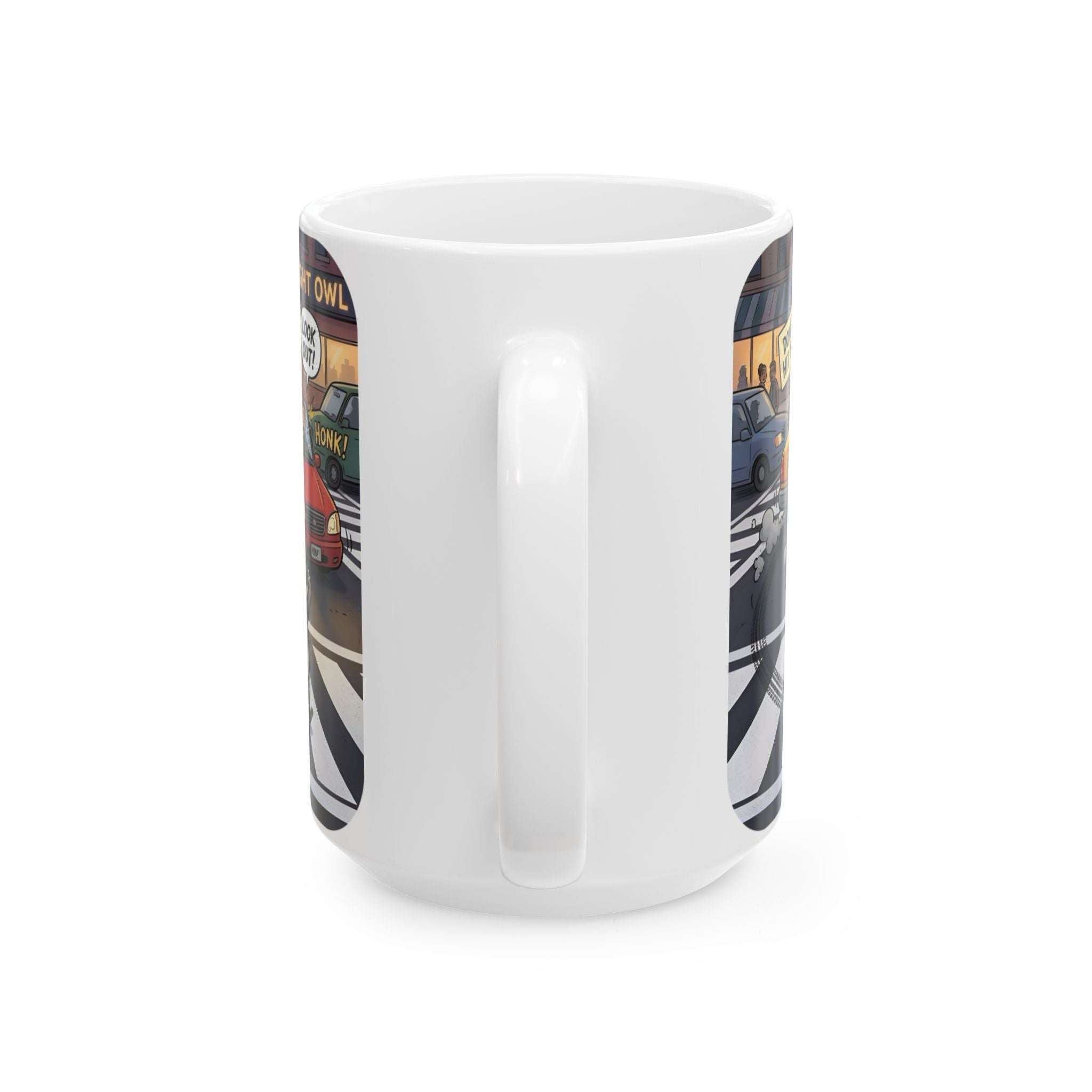 Raccoon Crosswalk White Ceramic Mug (11oz/15oz) – Cute Urban Wildlife Tea Cup