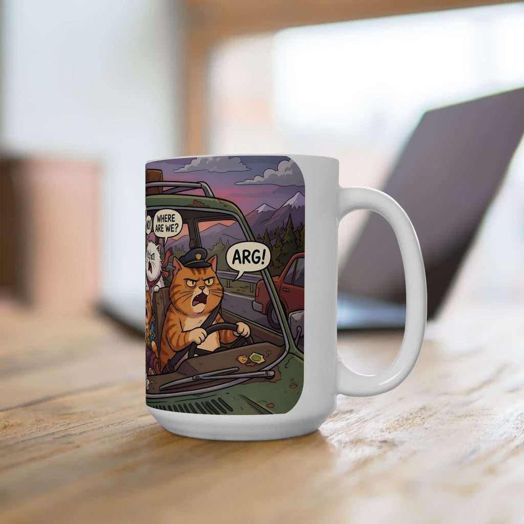 Squabbling Cats On A Road Trip White Ceramic Mug (11oz/15oz), Funny Cat'n Get Along Cup