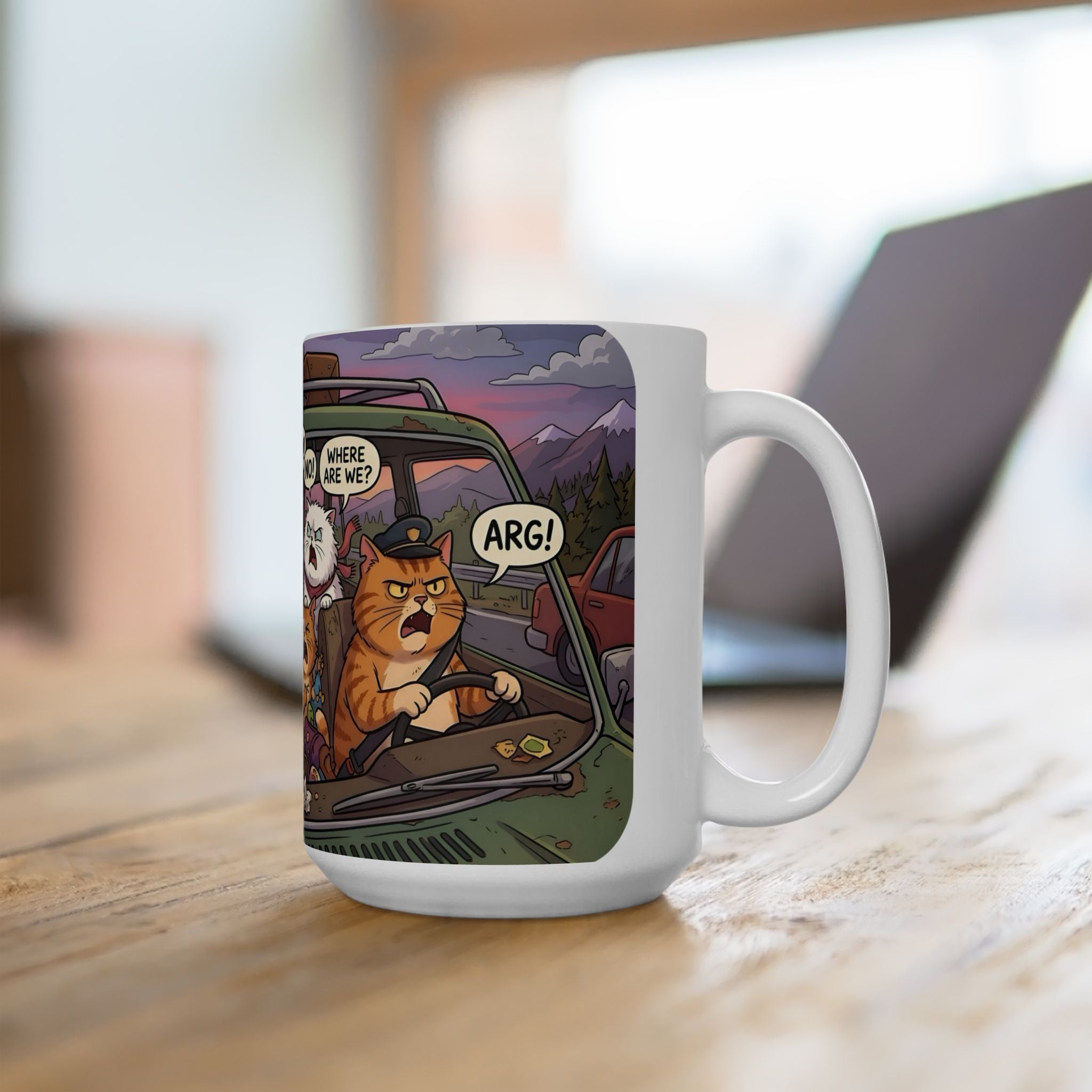 Squabbling Cats On A Road Trip White Ceramic Mug (11oz/15oz), Funny Cat'n Get Along Cup
