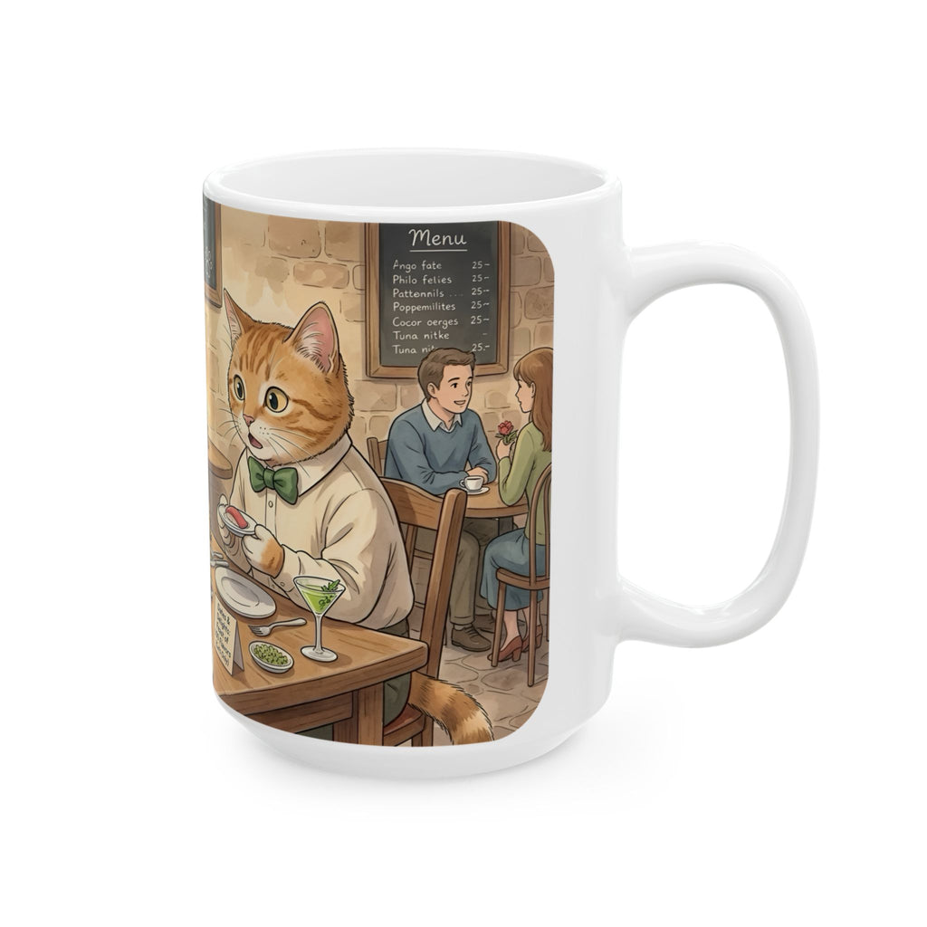 Cat Cafe Breakfast White Ceramic Mug — Cute Cats Dining Tea Cup (11oz/15oz)
