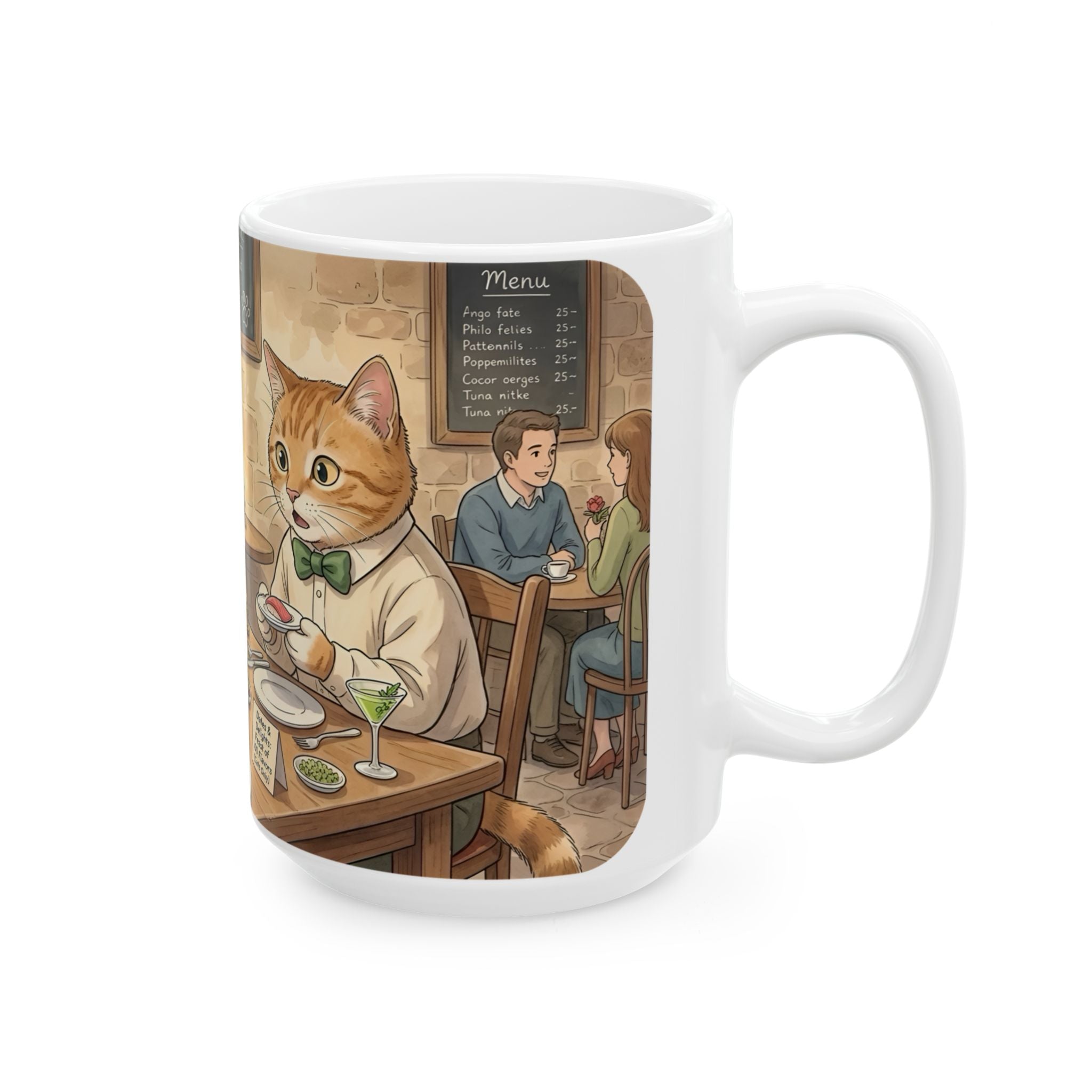 Cat Cafe Breakfast White Ceramic Mug — Cute Cats Dining Tea Cup (11oz/15oz)