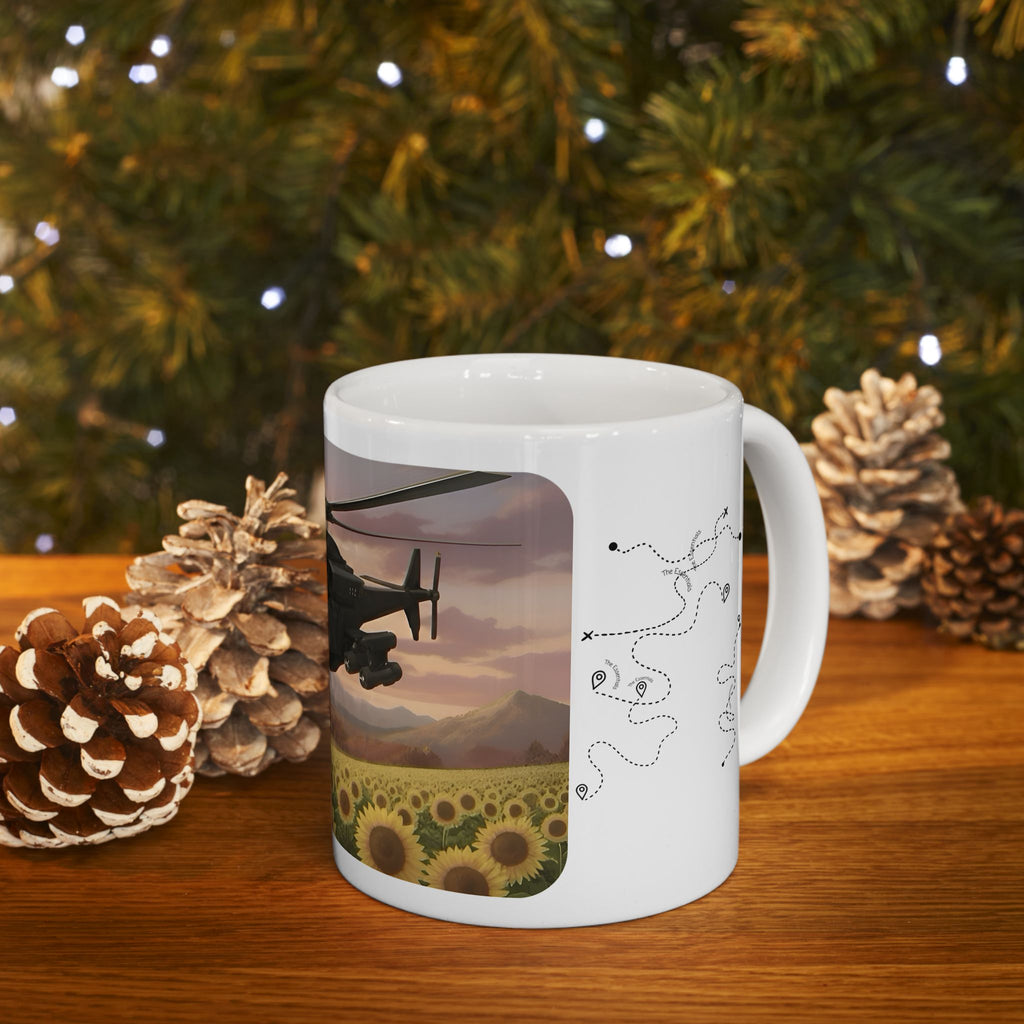Touring Heli Over Sunflower Meadows White Ceramic Mug – Friends, Family & Imaginative Adventures, Celebrating Companionship, Creativity & Life’s Little Wonders Cup (11oz/15oz)