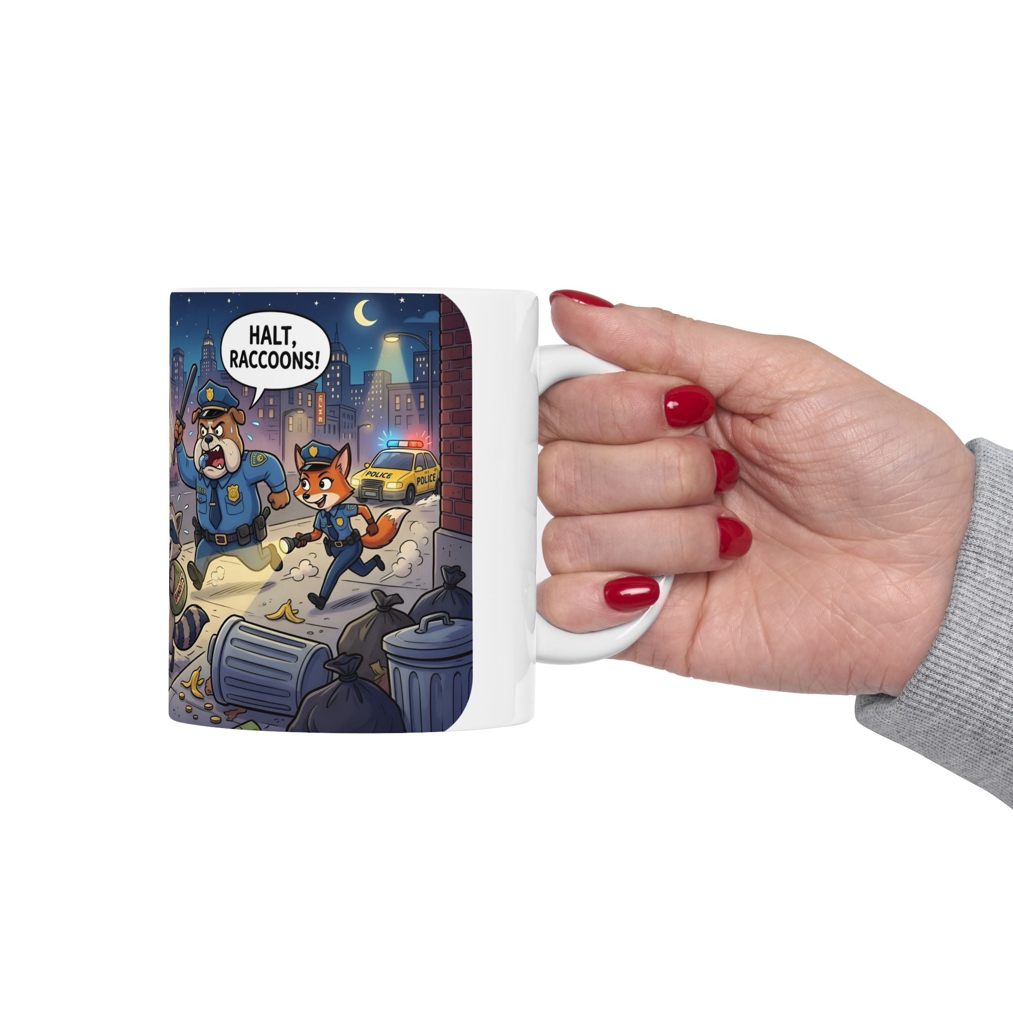 Rambunctious Ringtails White Ceramic Mug — Funny Raccoon Heist Night Scene Cup (11oz, 15oz)