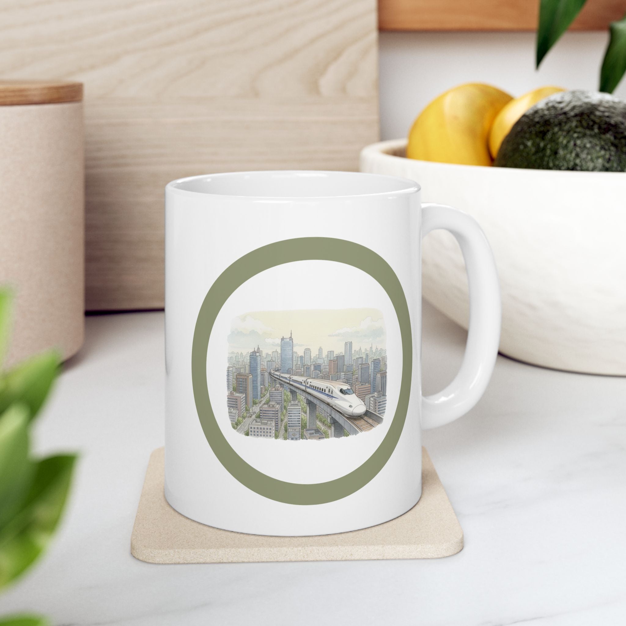 Bullet Train Cityscape Tea Cup – Vintage Skyline White Ceramic Mug (11oz & 15oz)