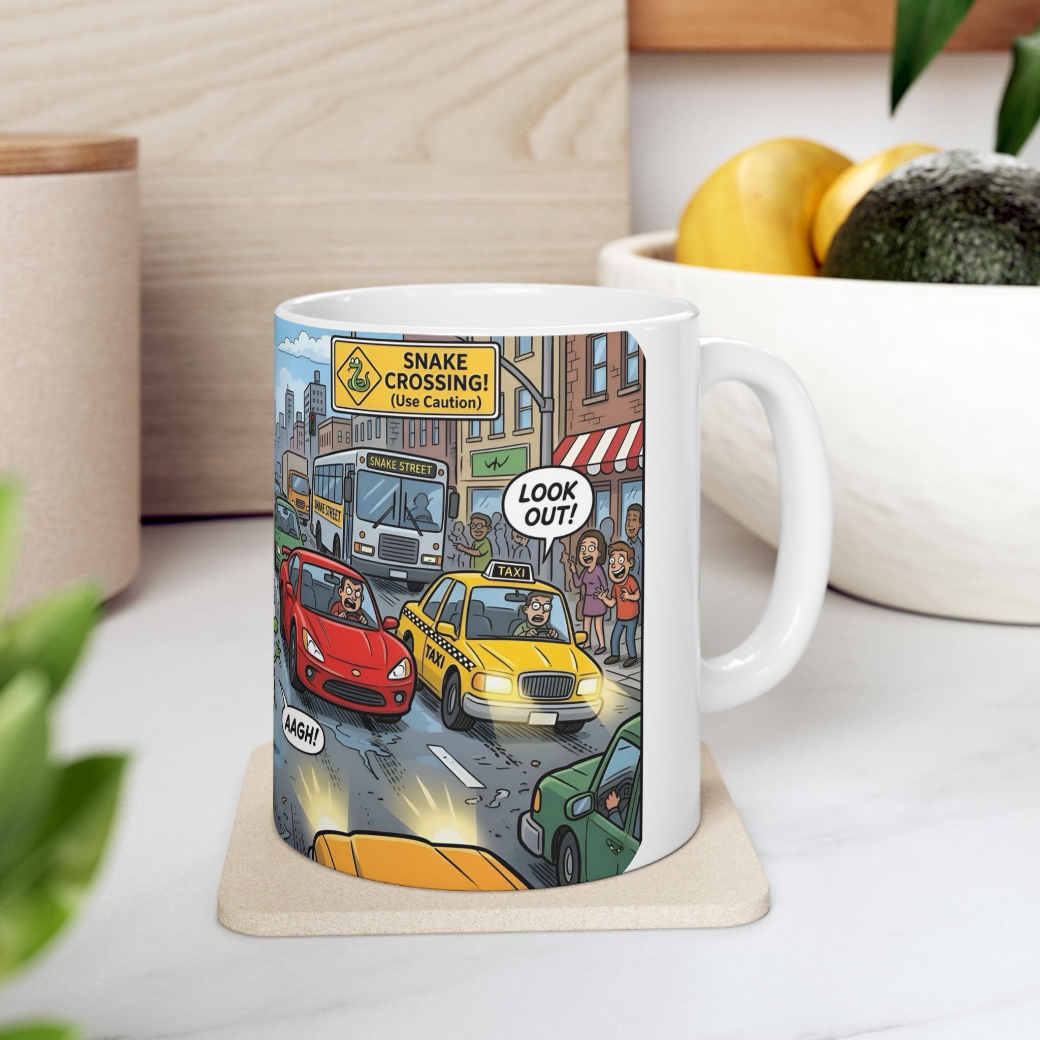 City Traffic & The Urban LandSnake White Ceramic Mug – Comical Reptile Road Chaos Cup (11oz, 15oz)