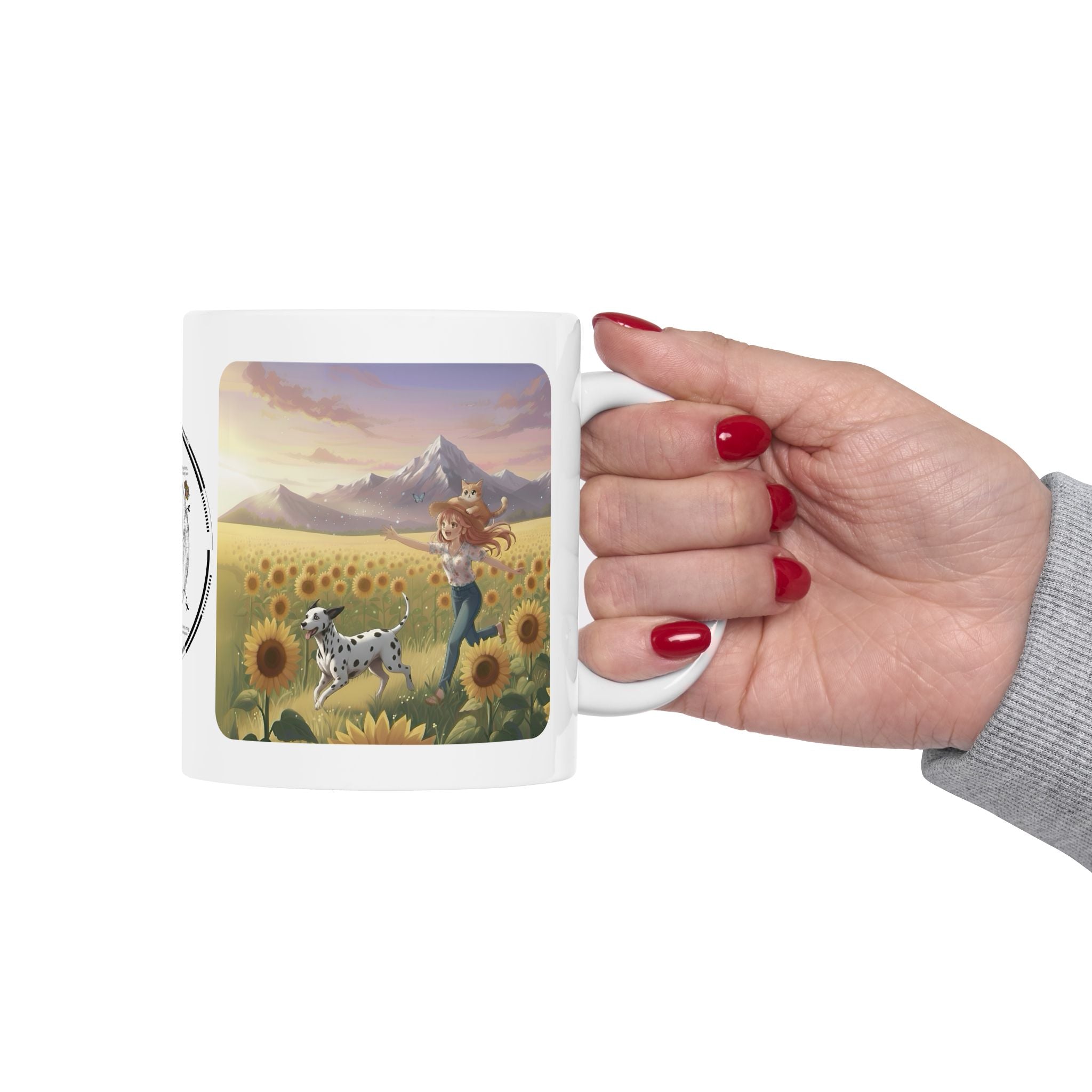 Dalmatian Dog Orange Cat Sunset & Sunflower White Ceramic Mug — Peaceful Waves Anime Girl Boho Beach Vibes Cup (11oz, 15oz)