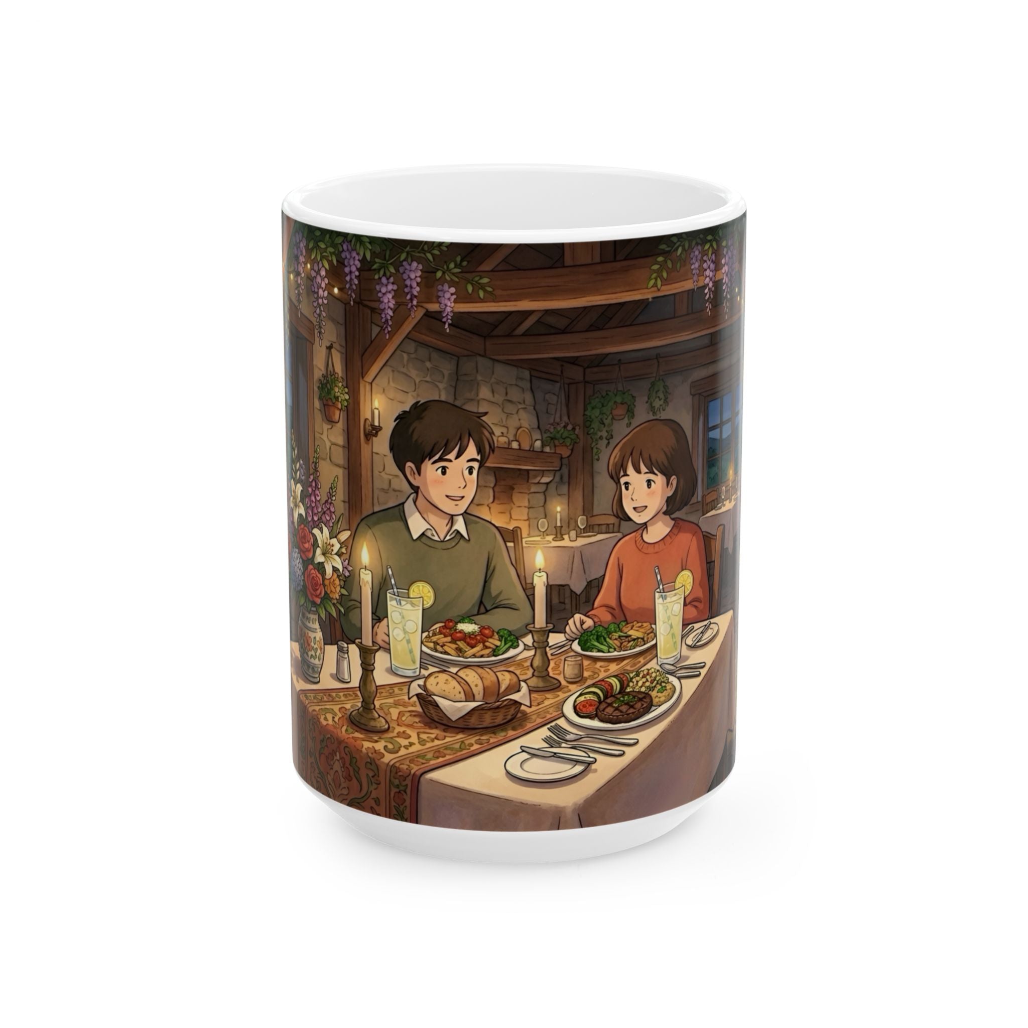 Cozy Candlelit Dinner White Ceramic Mug — Romantic Couple Cottage Cup (11oz & 15oz)